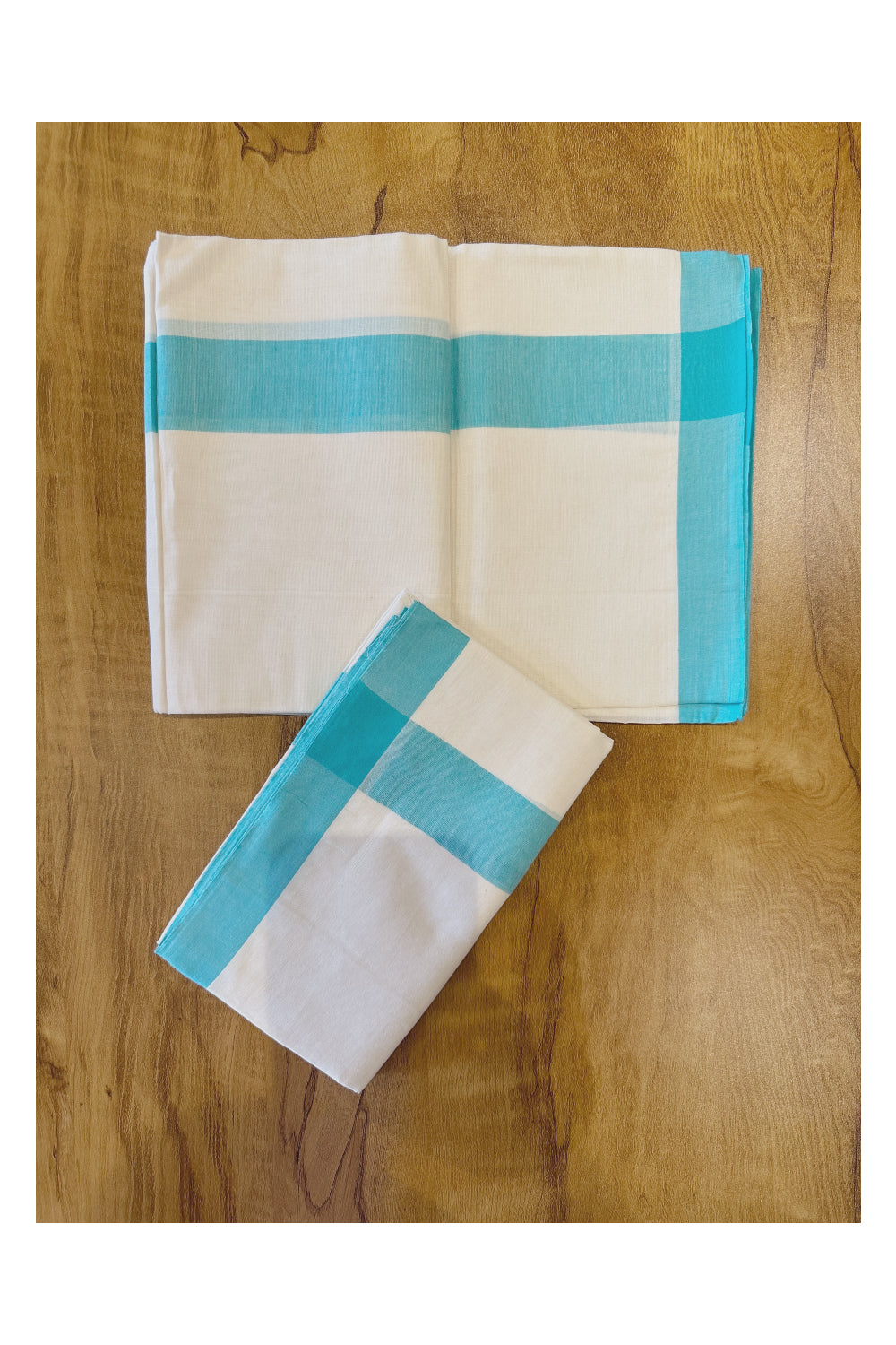 Kerala Soft Cotton Mulloth Mundum Neriyathum Single (Set Mundu) with Turquoise Border (Onam Set Mundu 2023)