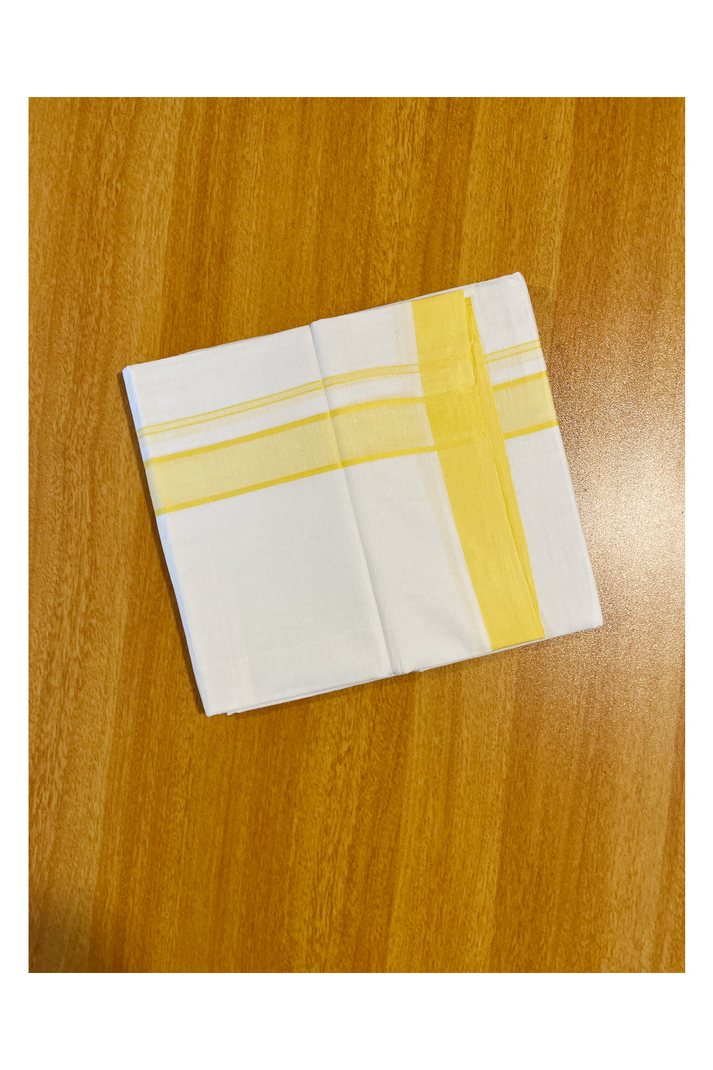 Pure White Cotton Double Mundu with Yellow Border (South Indian Dhoti)