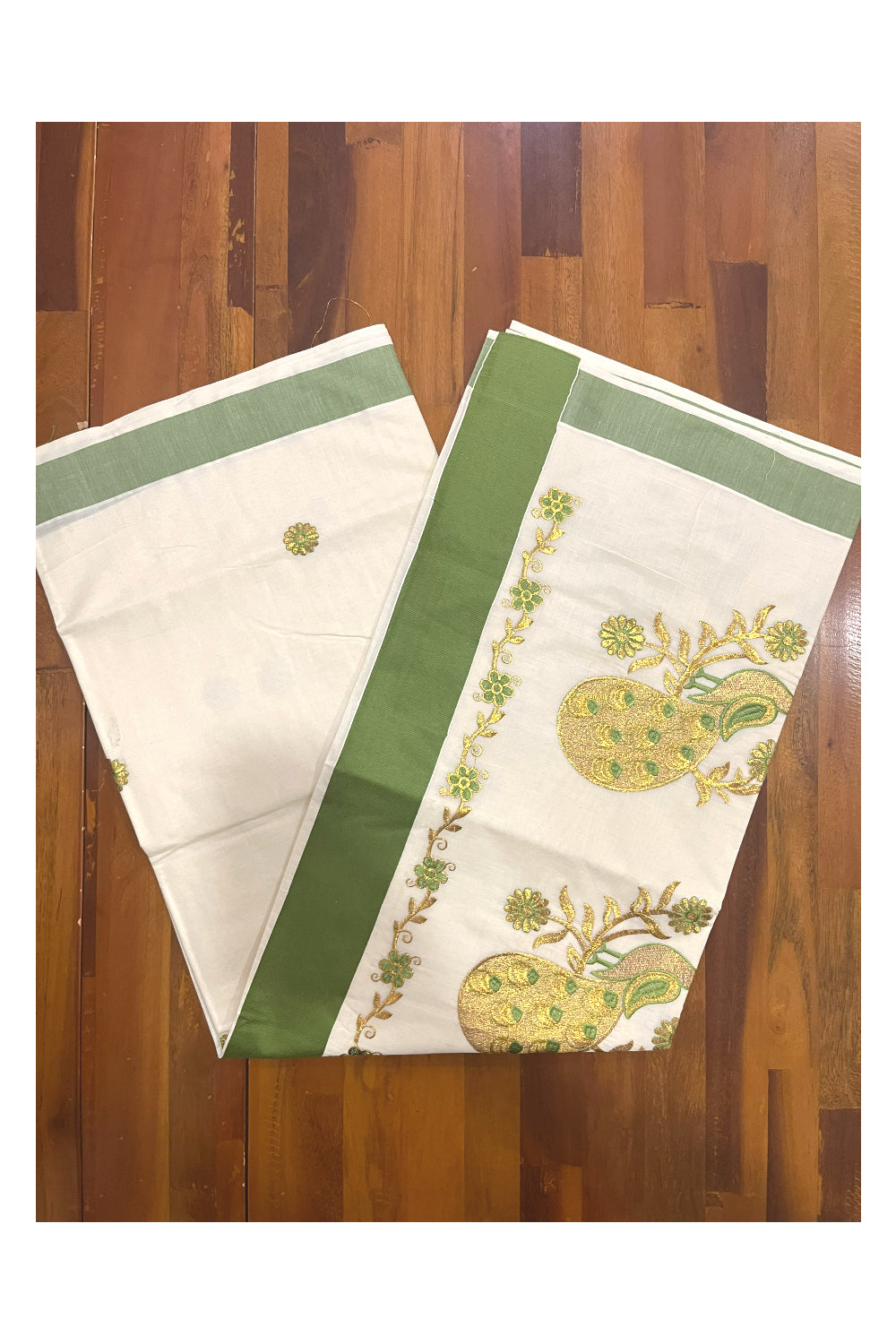 Pure Cotton Kerala Saree with Peacock Embroidery Work and Light Green Border (Onam Saree 2023)