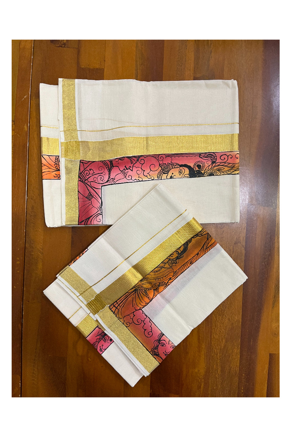 Southloom Handloom Premium Kerala Cotton Single Set Mundu (Mundum Neriyathum) with Hand Painted Designs with Kasavu Border - 2.80Mtrs