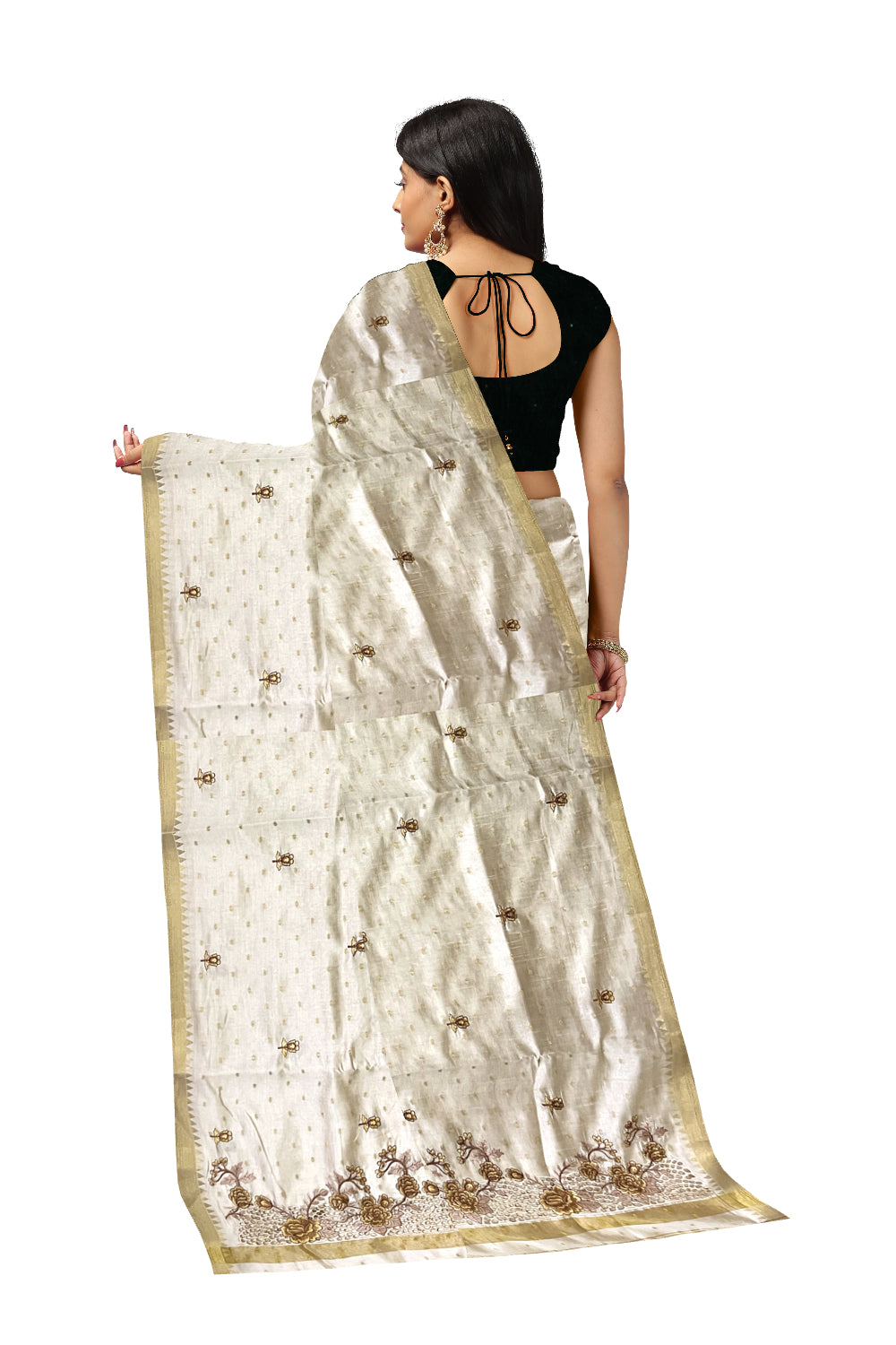 Southloom Off White Thread Work Cotton Saree with Hacoba Floral Designs on Munthani