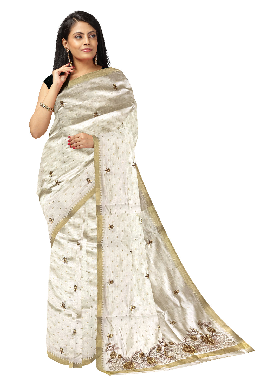 Southloom Off White Thread Work Cotton Saree with Hacoba Floral Designs on Munthani