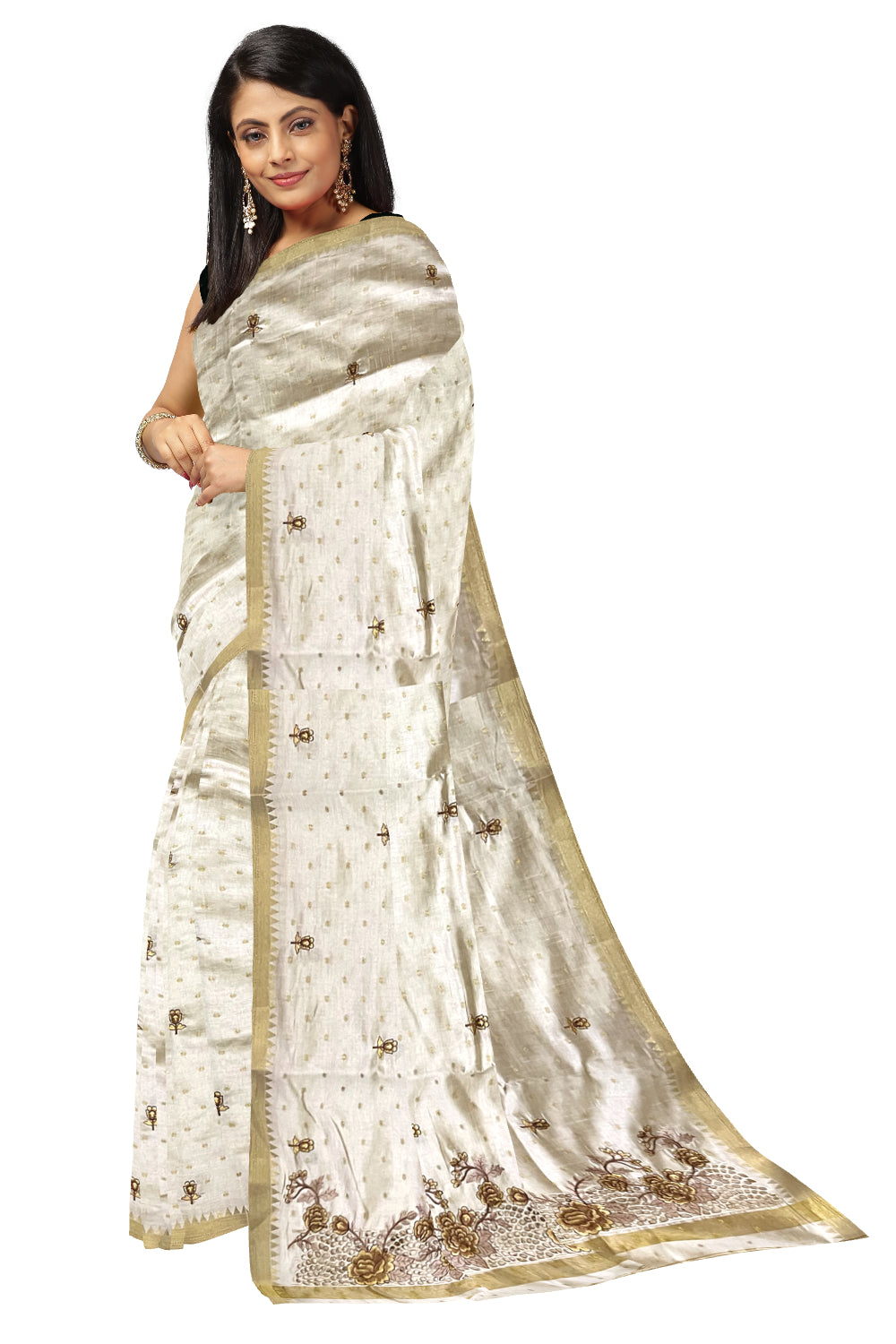 Southloom Off White Thread Work Cotton Saree with Hacoba Floral Designs on Munthani