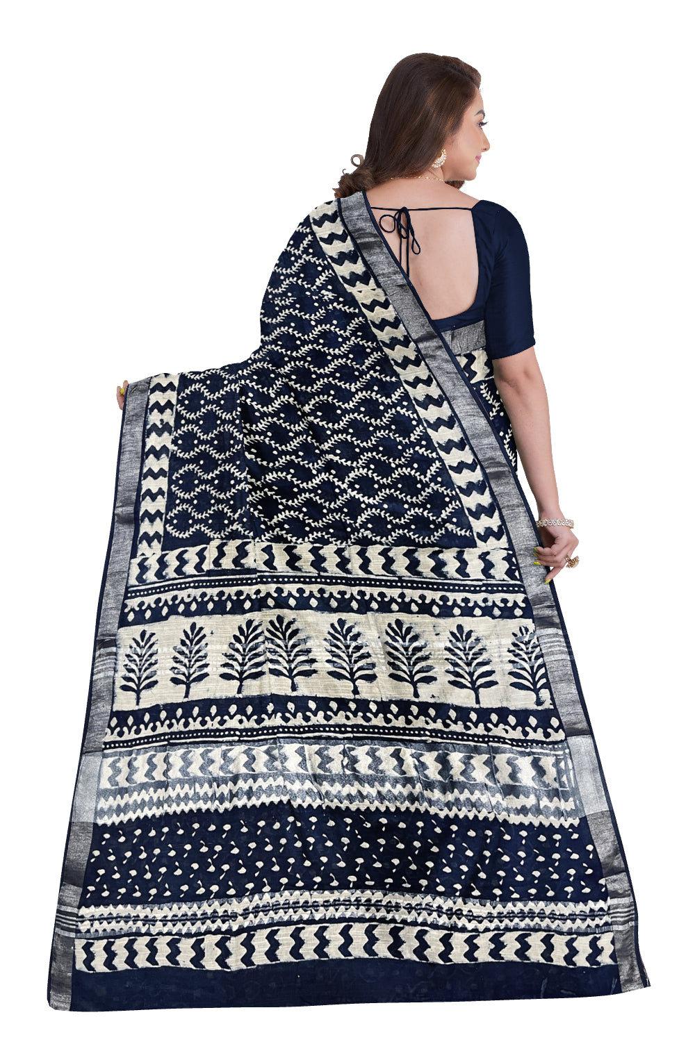 Southloom Linen Dark Blue Designer Saree with White Prints