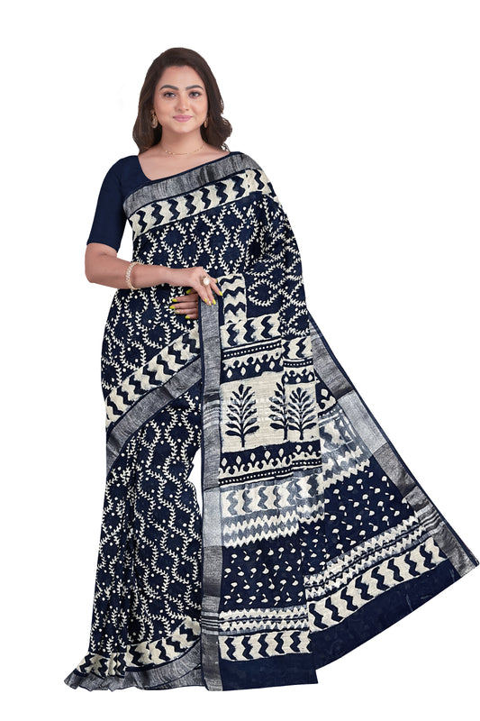 Southloom Linen Dark Blue Designer Saree with White Prints