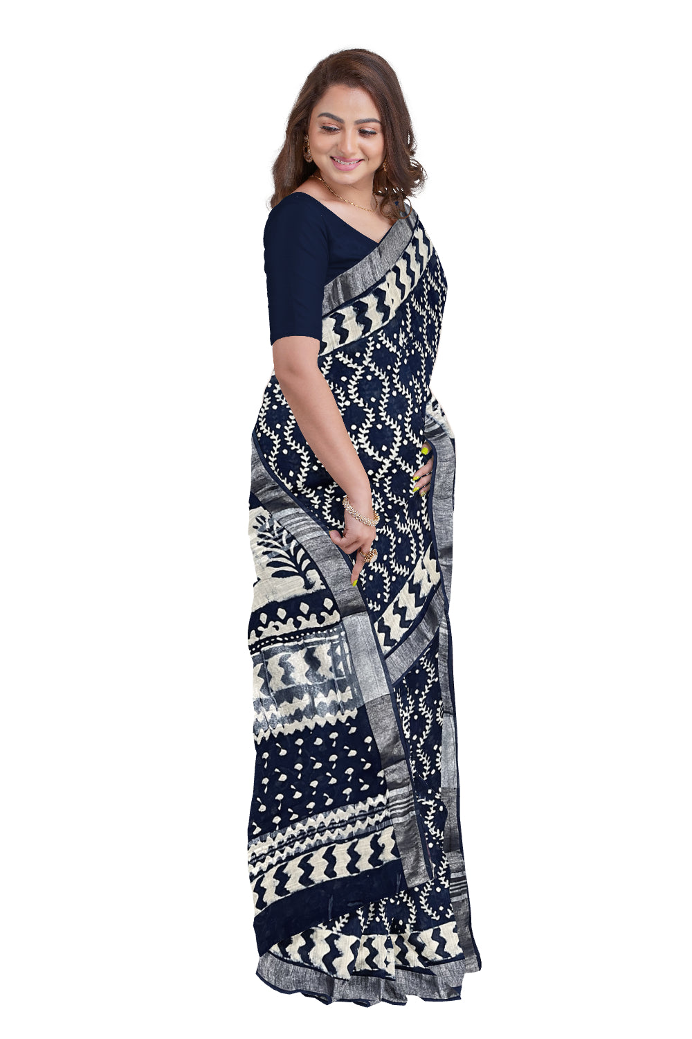 Southloom Linen Dark Blue Designer Saree with White Prints