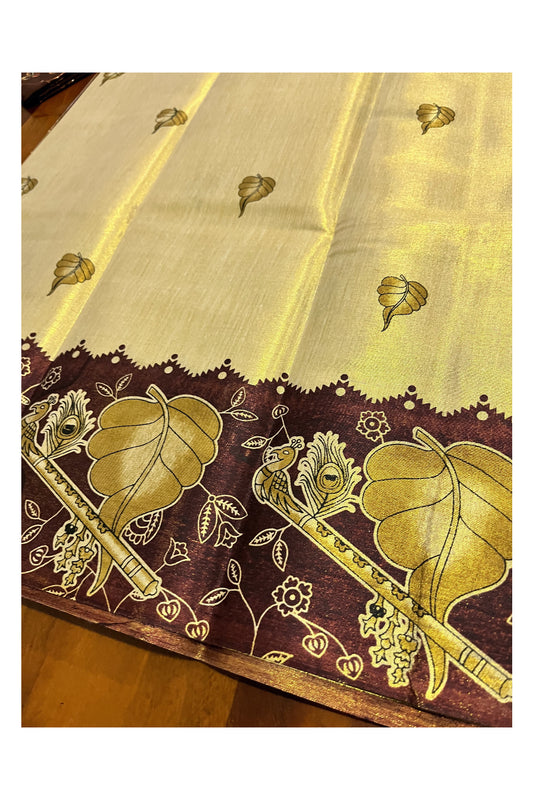 Kerala Tissue Block Printed Pavada and Brown Designer Blouse Material for Kids/Girls 4.3 Meters