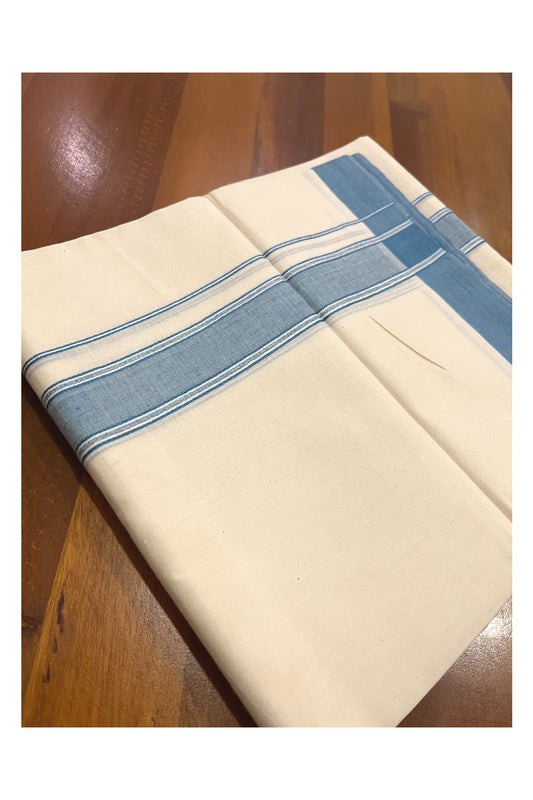 Pure Cotton Kerala Double Mundu with Blue Kara (South Indian Kerala Dhoti)