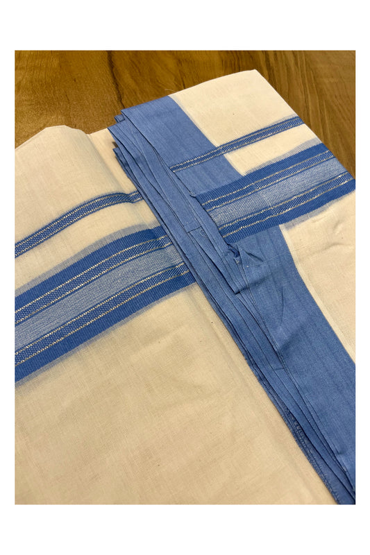 Pure Cotton Off White Double Mundu with Silver Kasavu and Blue Kara (South Indian Kerala Dhoti)