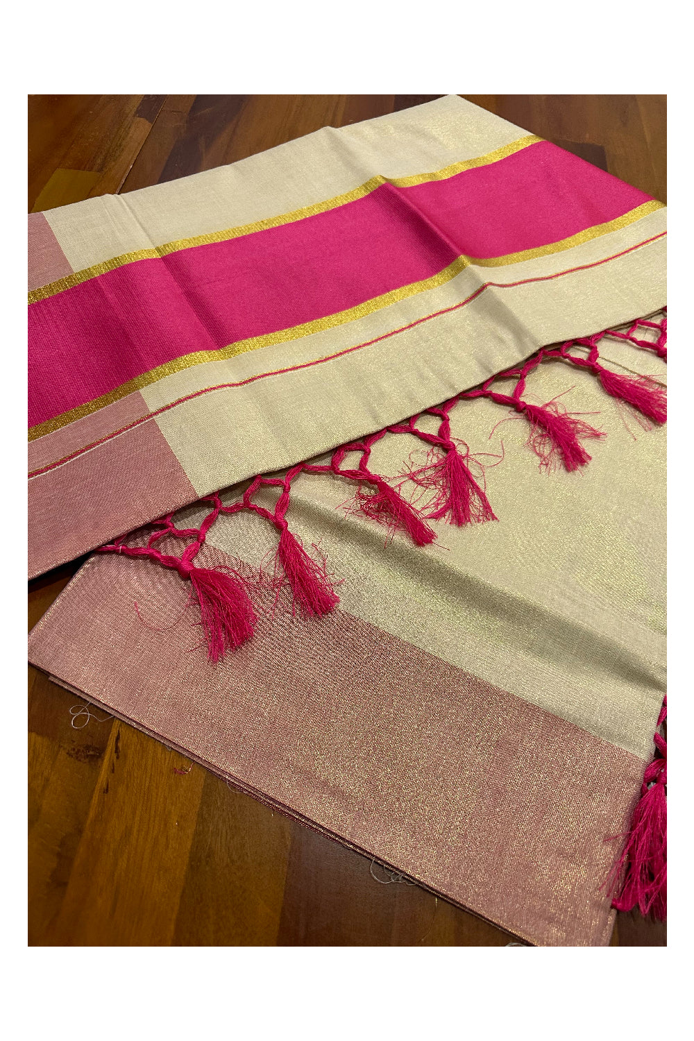 Kerala Kasavu Tissue Plain Saree with Magenta and Kasavu Border and Tassels Work on Pallu (Onam Saree 2023)