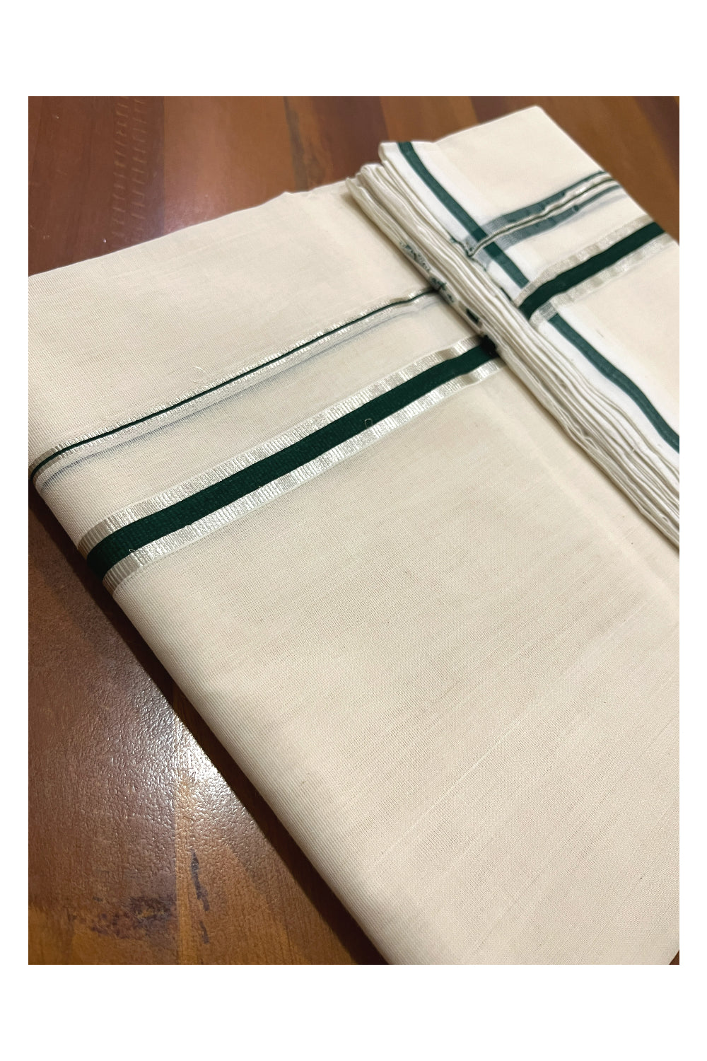 Southloom Premium Balaramapuram Unakkupaavu Handloom Mundu with Green and Silver Kasavu Puliyilakkara Border (South Indian Kerala Dhoti)