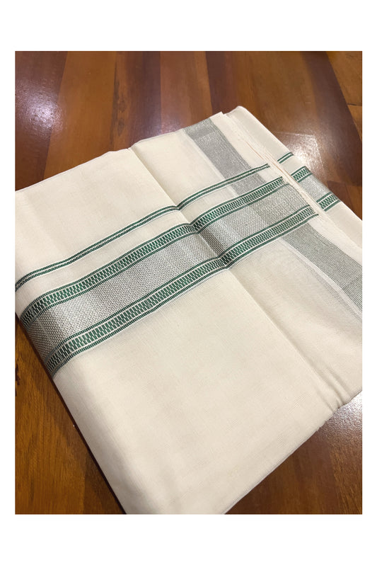 Southloom Premium Handloom Cotton Double Mundu with Green Silver Kasavu Design Border (South Indian Kerala Dhoti)