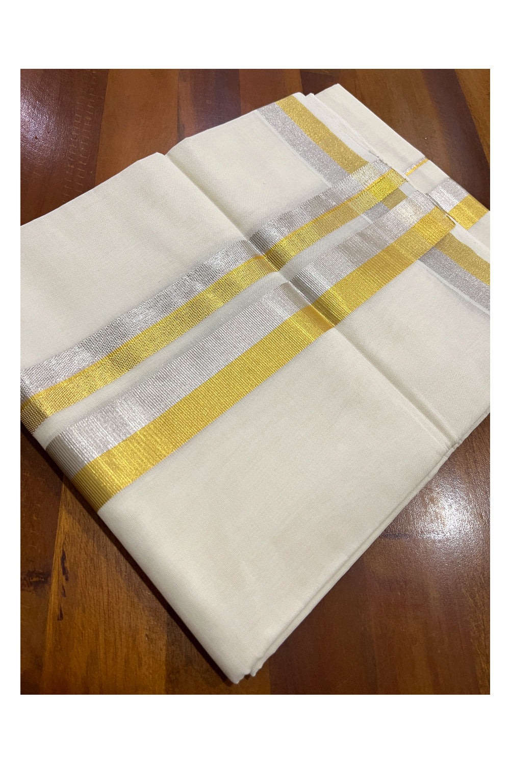 Southloom Premium Handloom Pure Cotton Mundu with Golden and Silver Kasavu Border (South Indian Kerala Dhoti)