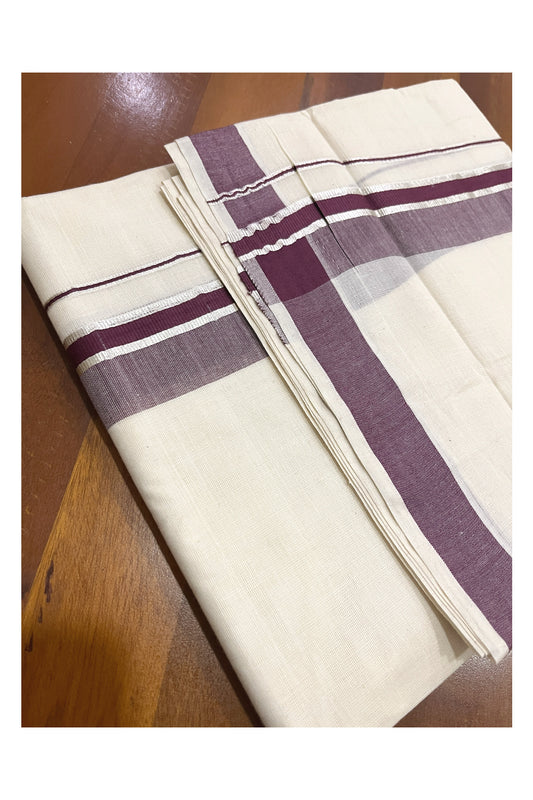 Pure Cotton Kerala Double Mundu with Purple and Silver Kasavu Kara (South Indian Kerala Dhoti)