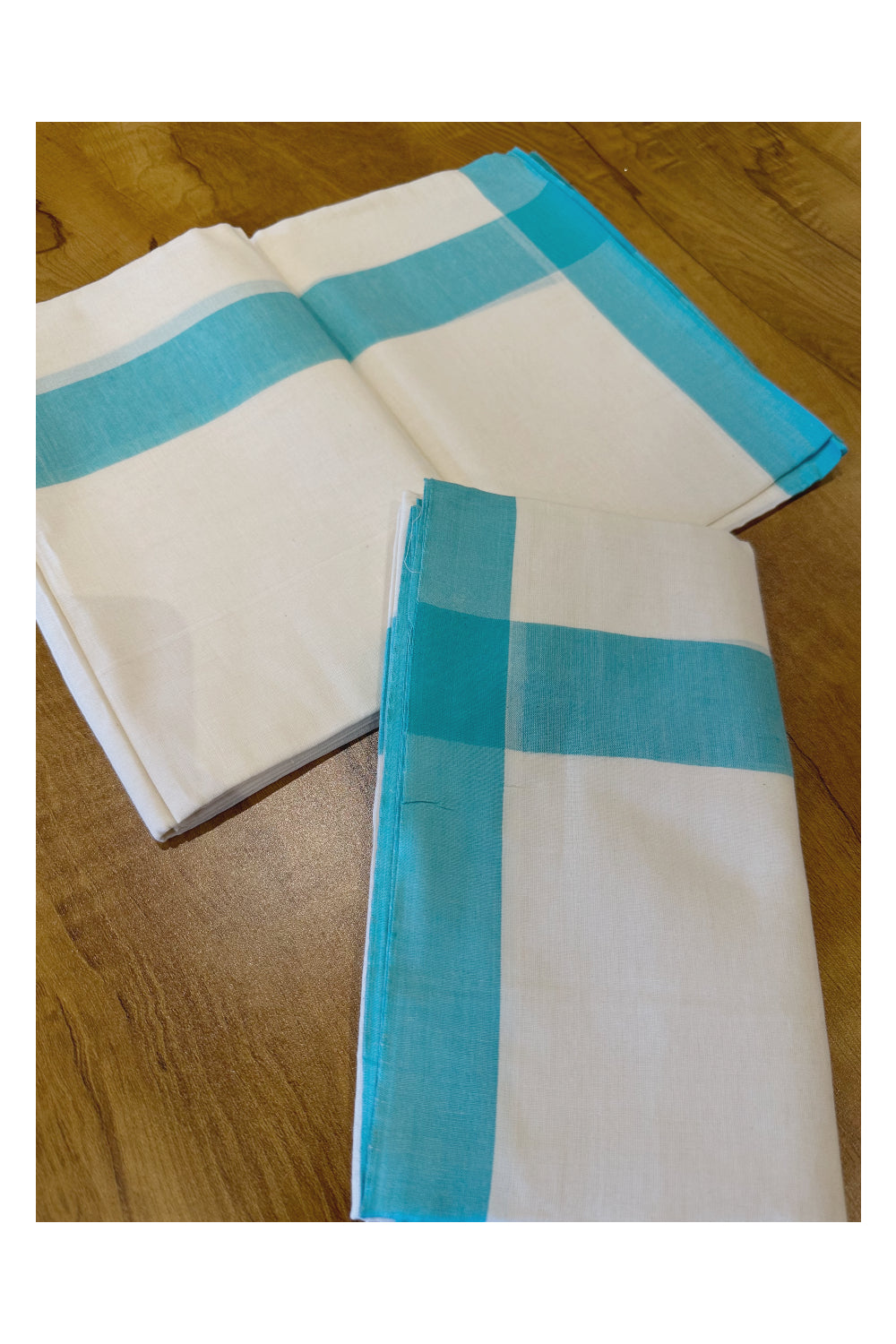 Kerala Soft Cotton Mulloth Mundum Neriyathum Single (Set Mundu) with Turquoise Border (Onam Set Mundu 2023)