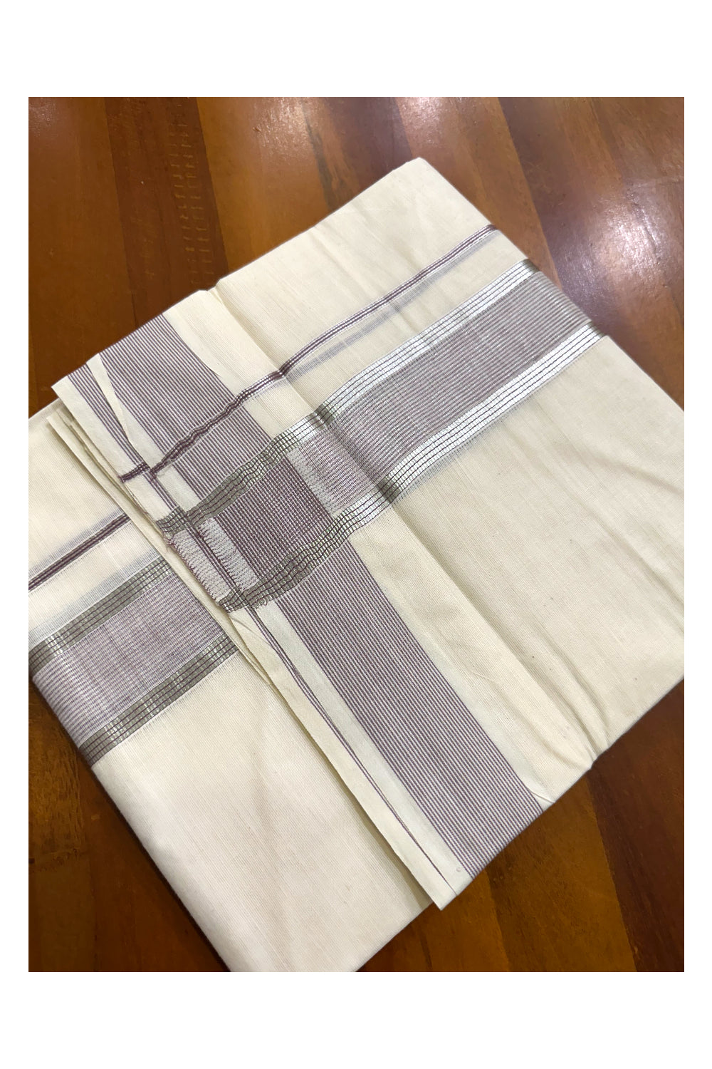 Pure Cotton Off White  Double Mundu with Silver Kasavu Lines And Violet Kara (South Indian Kerala Dhoti)