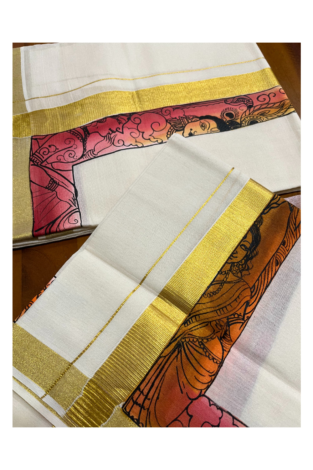 Southloom Handloom Premium Kerala Cotton Single Set Mundu (Mundum Neriyathum) with Hand Painted Designs with Kasavu Border - 2.80Mtrs