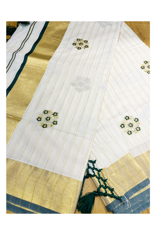 Kerala Cotton Kasavu Lines Saree with Green and Golden Floral Embroidery Work