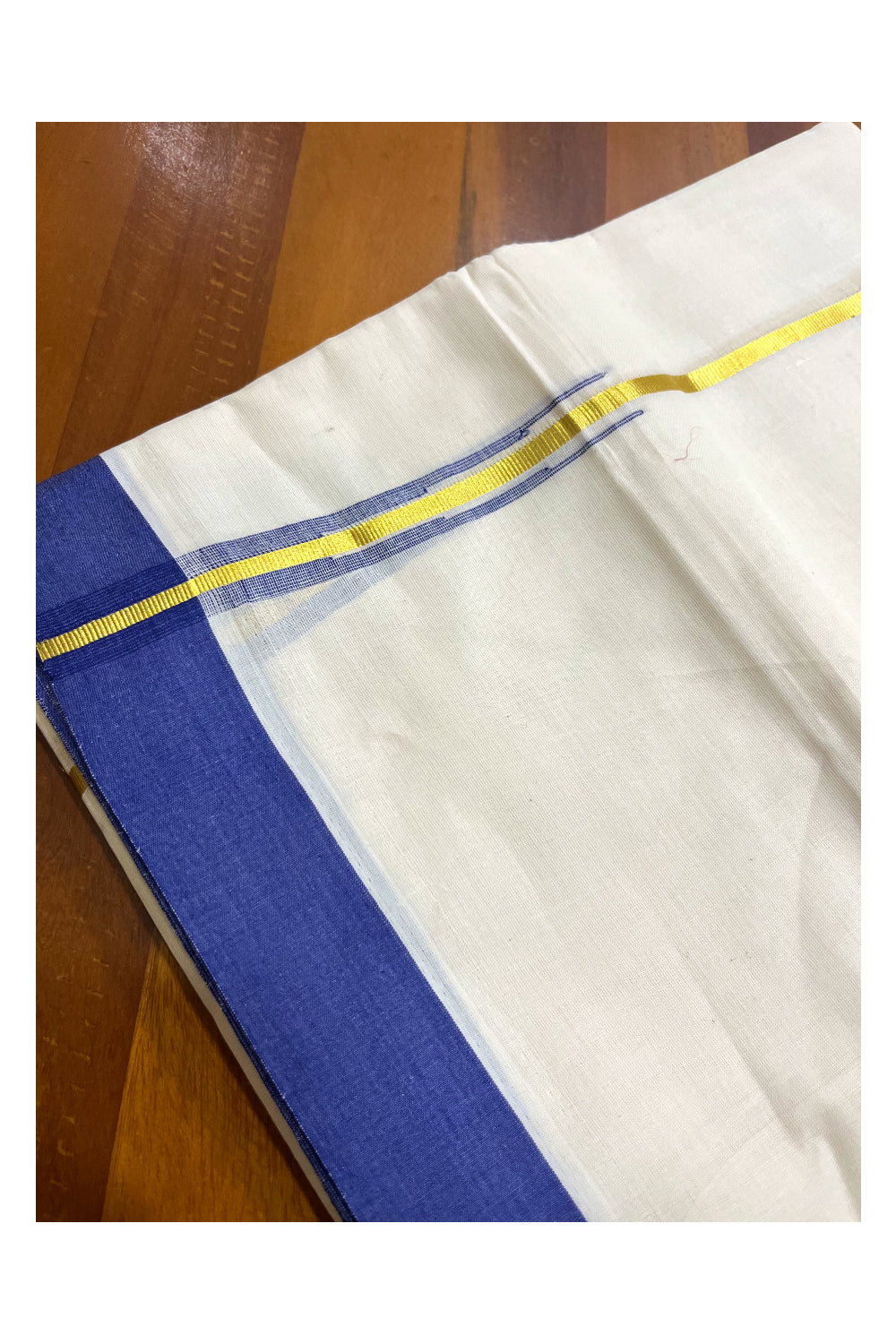 Kerala Pure Cotton Double Mundu with Kasavu Blue Chutti Kara (South Indian Kerala Dhoti)