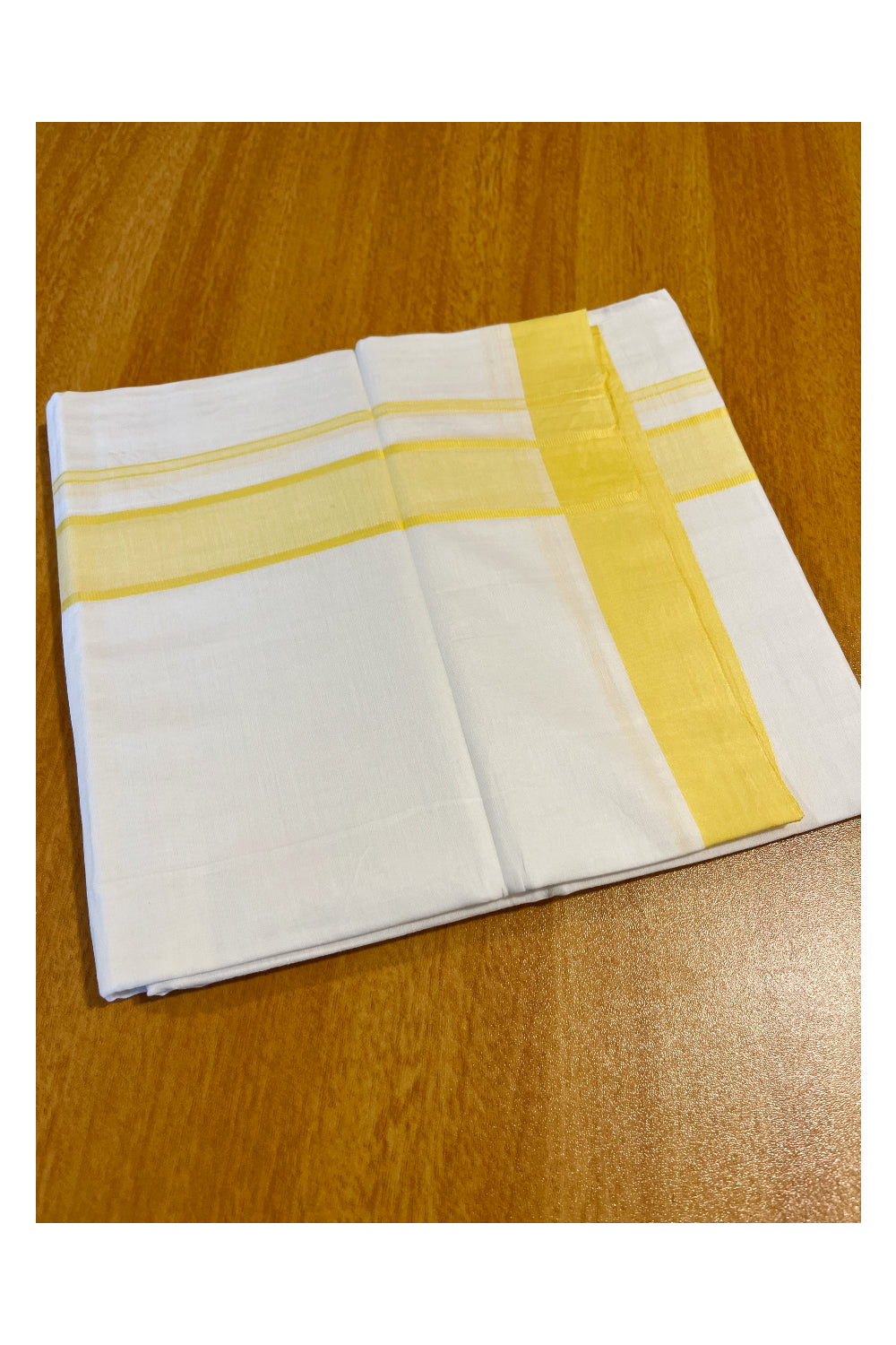 Pure White Cotton Double Mundu with Yellow Border (South Indian Dhoti)