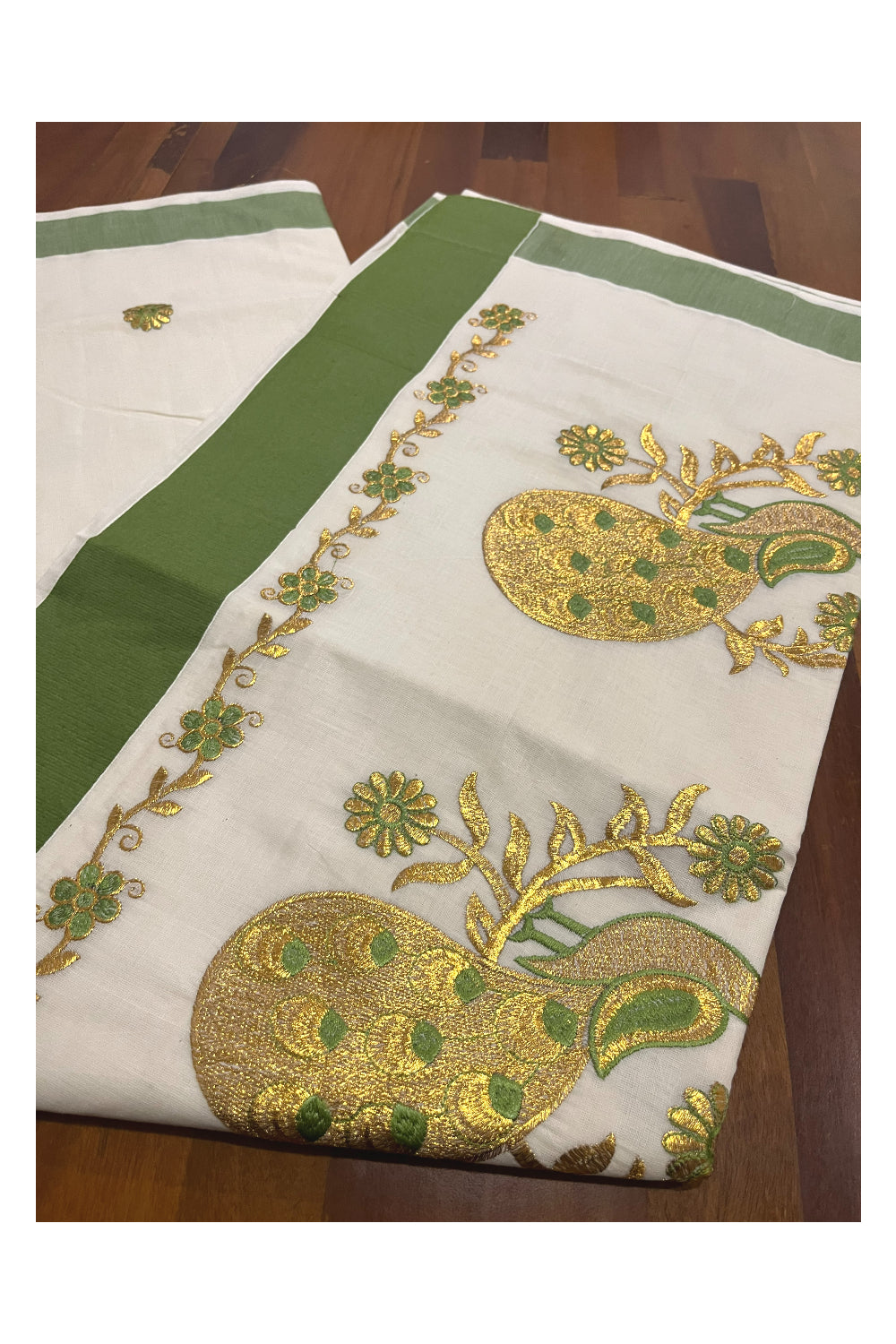 Pure Cotton Kerala Saree with Peacock Embroidery Work and Light Green Border (Onam Saree 2023)