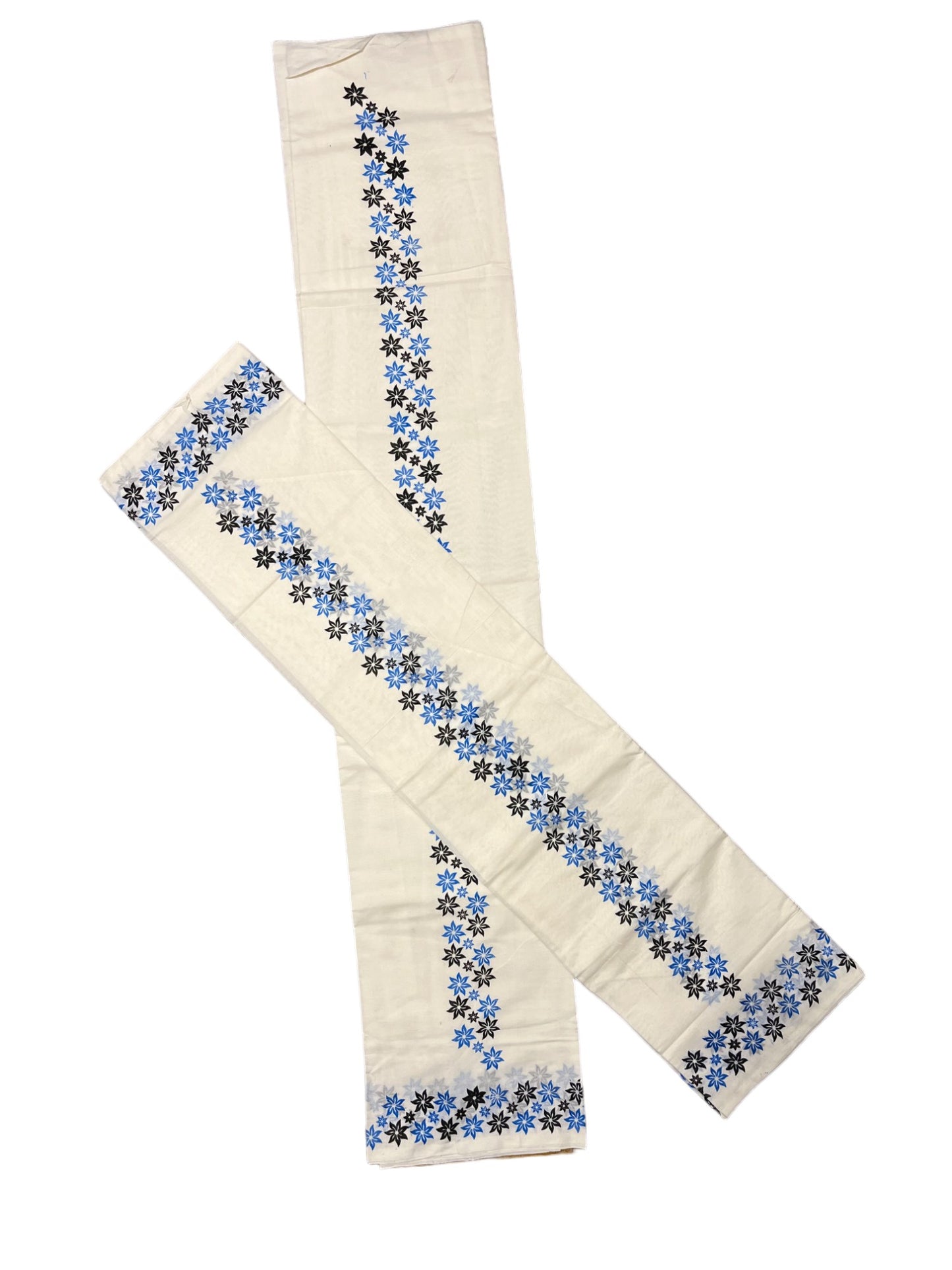 Pure Cotton Kerala Set Mundu (Mundum Neriyathum) with Blue Black Floral Block Printed Border