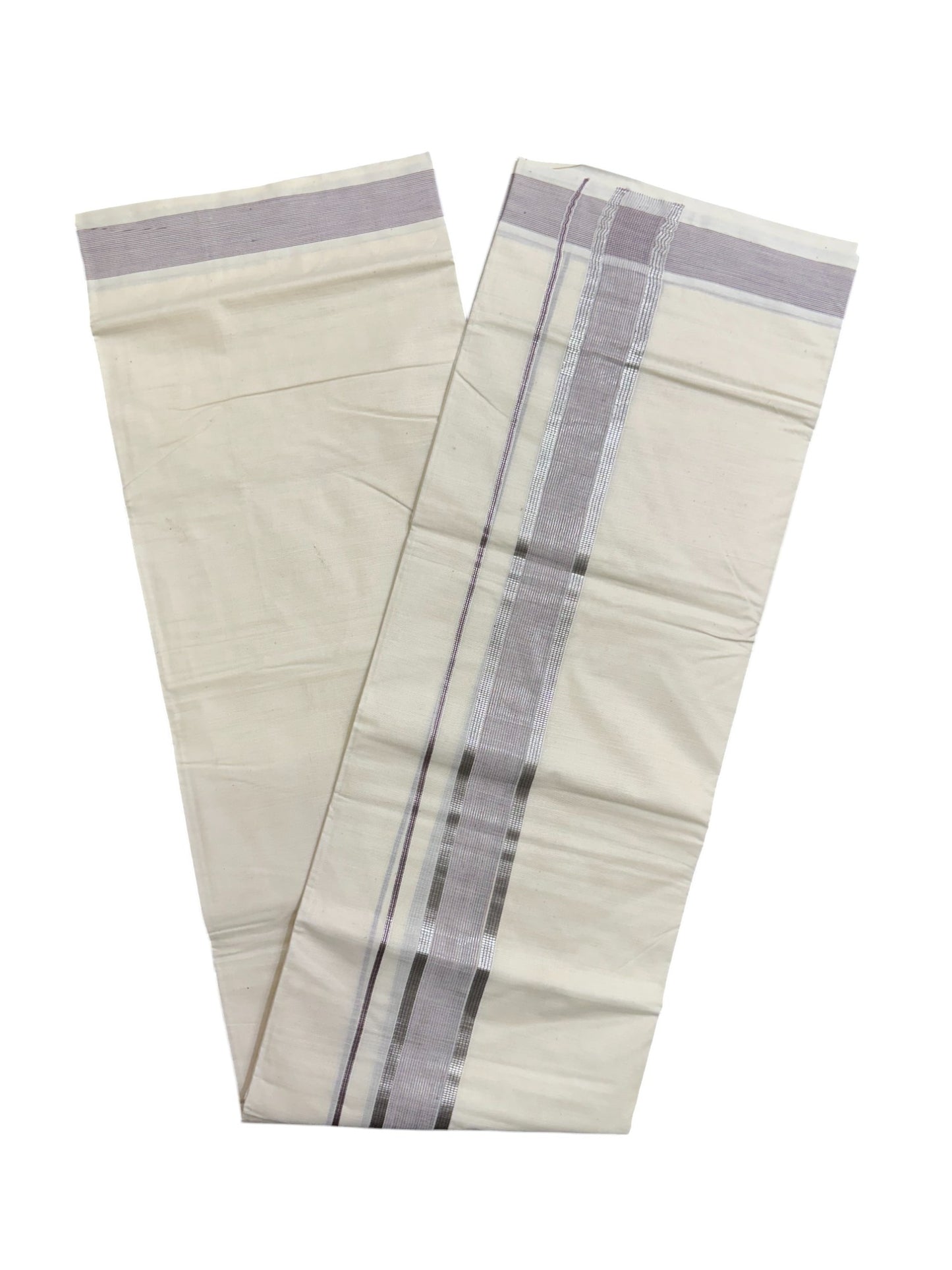 Pure Cotton Off White  Double Mundu with Silver Kasavu Lines And Violet Kara (South Indian Kerala Dhoti)