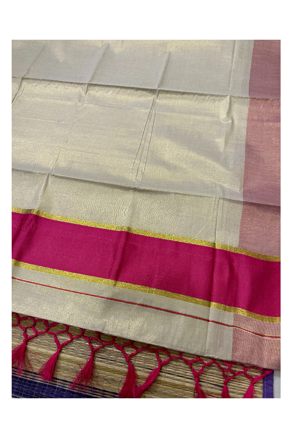 Kerala Kasavu Tissue Plain Saree with Magenta and Kasavu Border and Tassels Work on Pallu (Onam Saree 2023)