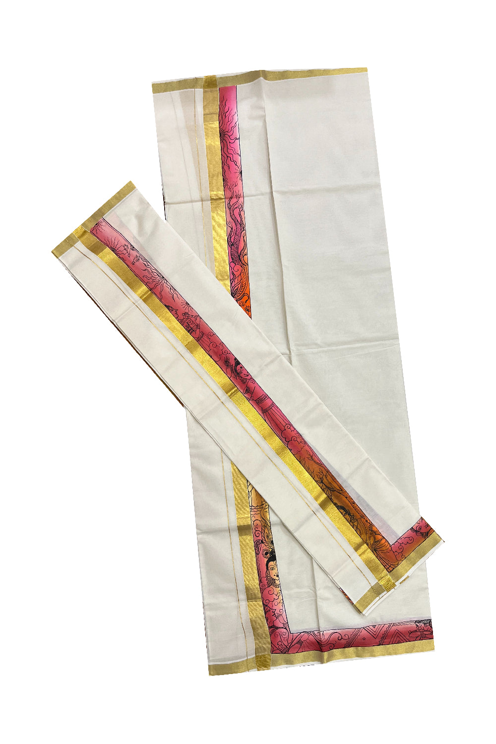 Southloom Handloom Premium Kerala Cotton Single Set Mundu (Mundum Neriyathum) with Hand Painted Designs with Kasavu Border - 2.80Mtrs