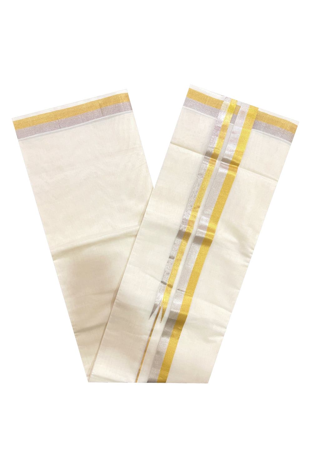 Southloom Premium Handloom Pure Cotton Mundu with Golden and Silver Kasavu Border (South Indian Kerala Dhoti)