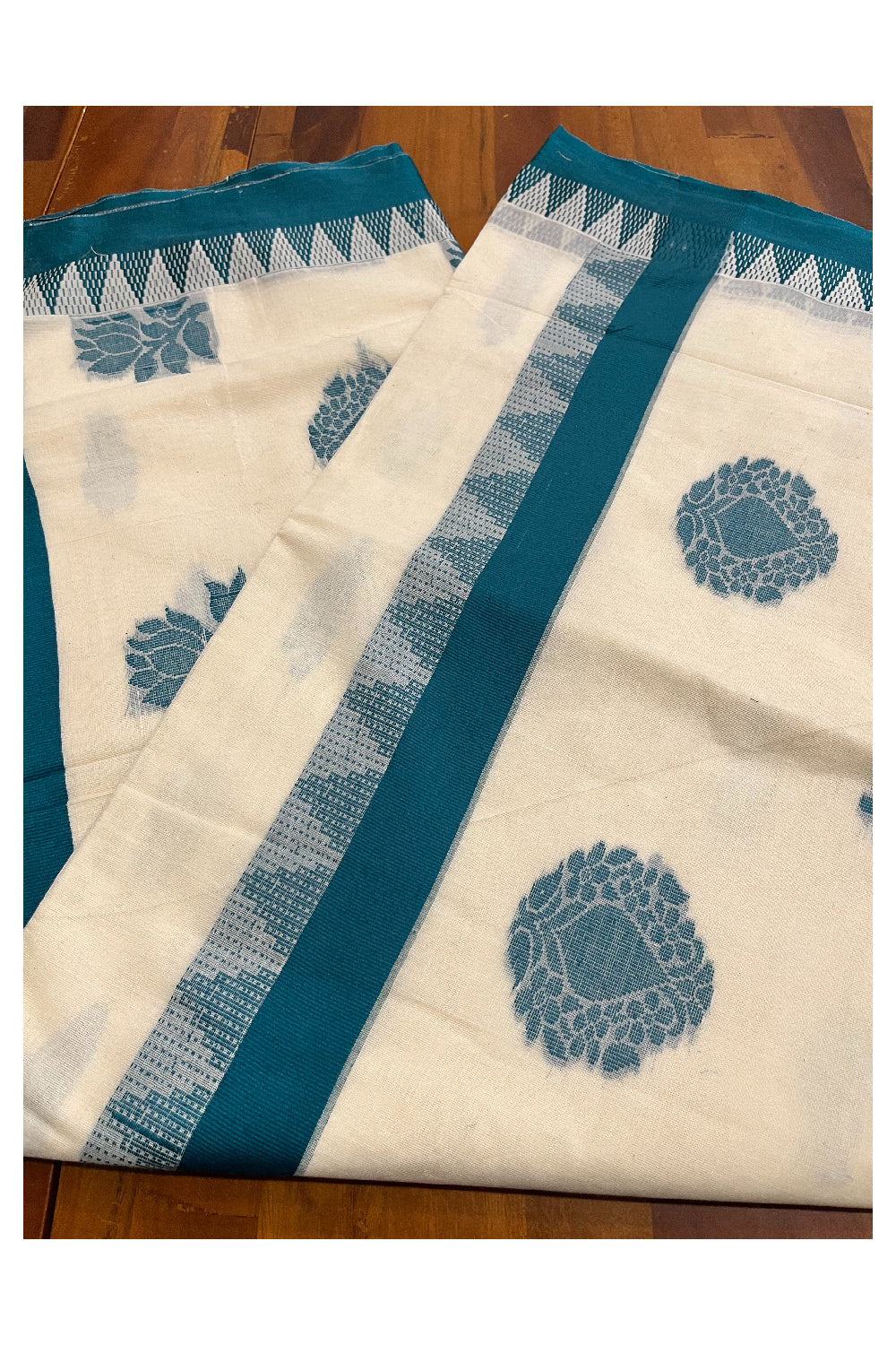 Pure Cotton Kerala Saree with Green Heavy Woven Designs and Temple Border (Vishu 2024 Collection)