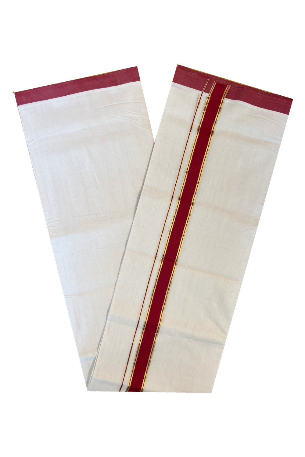 Southloom Premium Handloom Cotton Double Mundu with Kasavu And Red Border