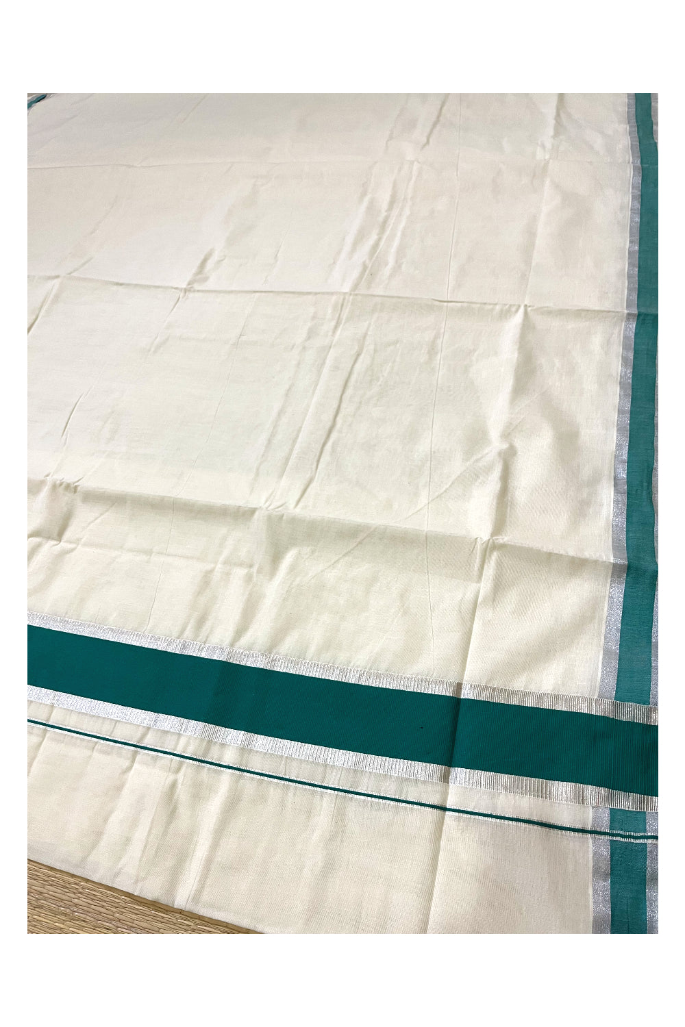 Pure Cotton Kerala Saree with Green and Silver Kasavu Border