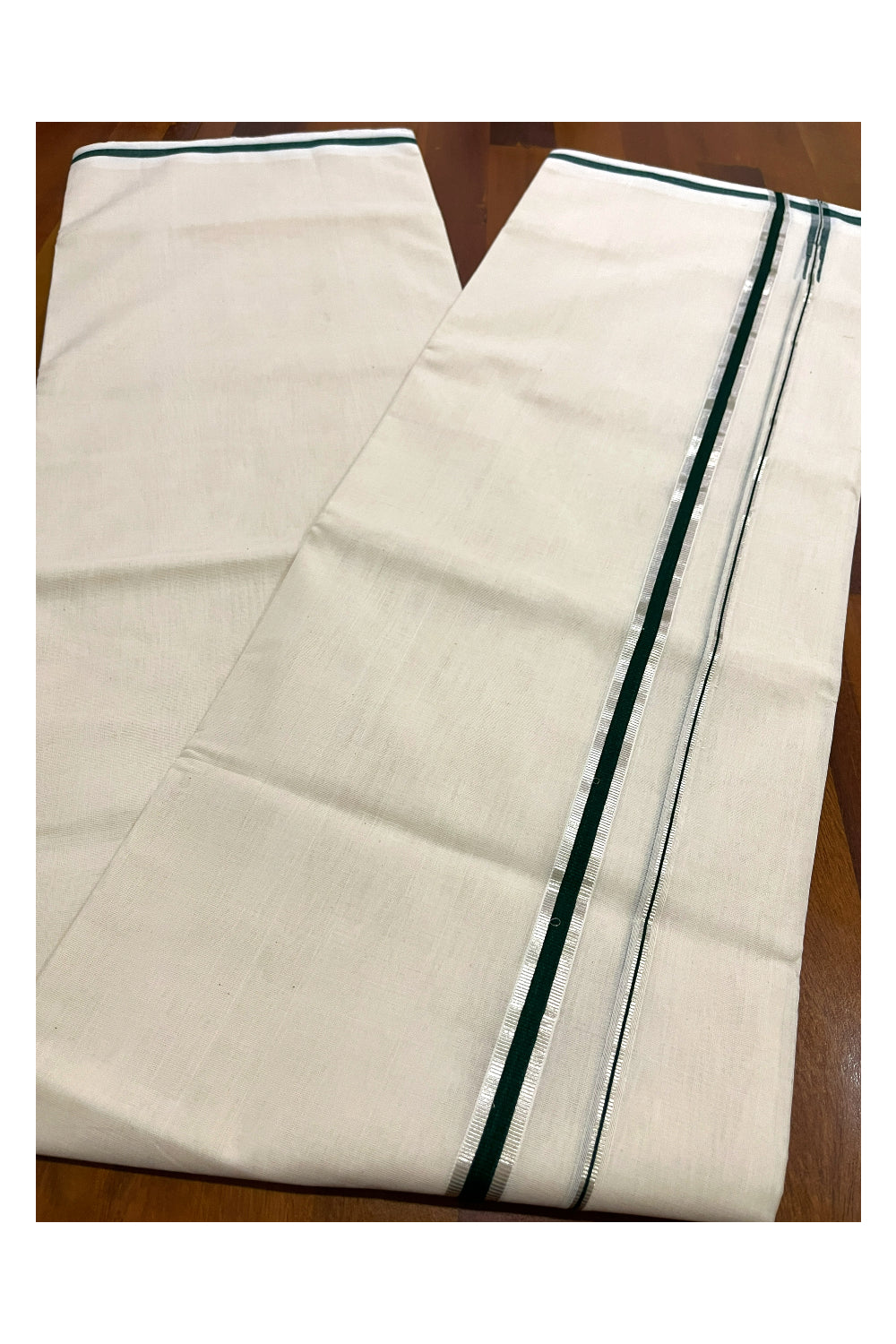 Southloom Premium Balaramapuram Unakkupaavu Handloom Mundu with Green and Silver Kasavu Puliyilakkara Border (South Indian Kerala Dhoti)