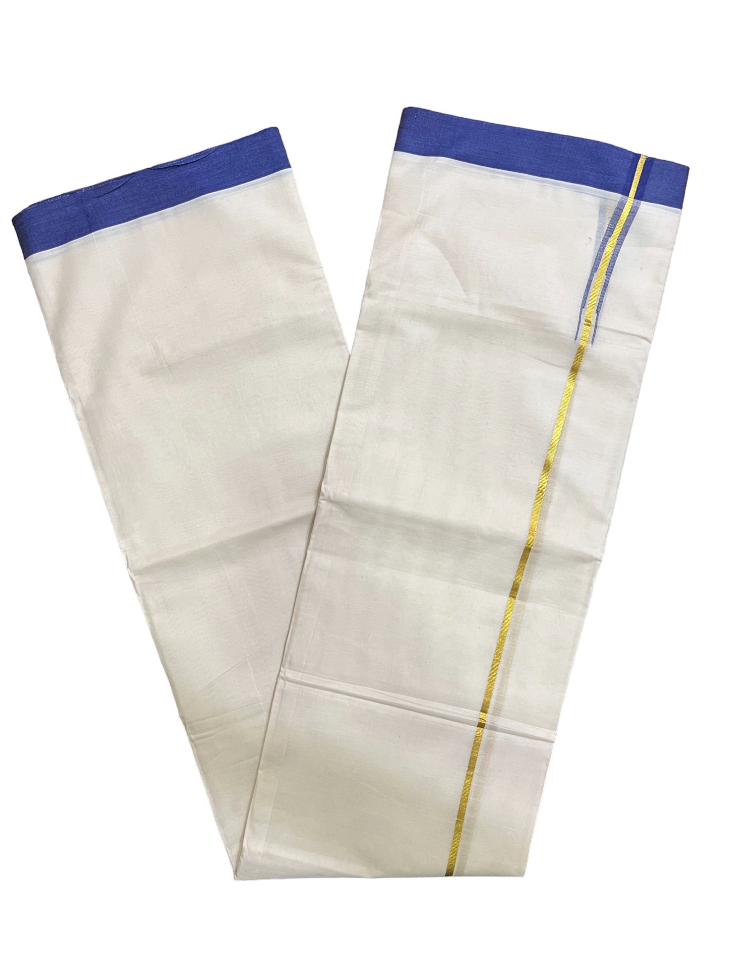 Kerala Pure Cotton Double Mundu with Kasavu Blue Chutti Kara (South Indian Kerala Dhoti)