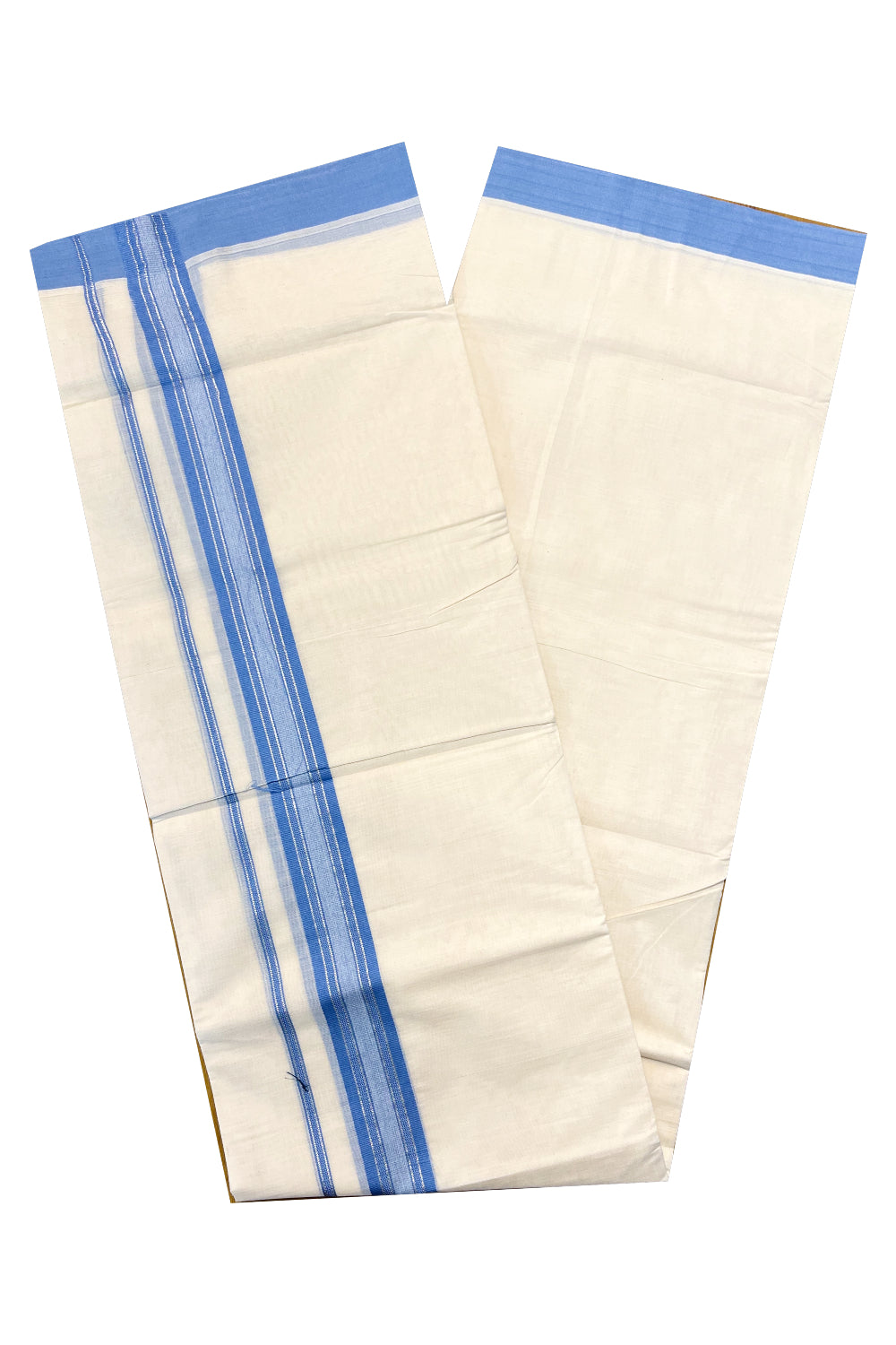 Pure Cotton Off White Double Mundu with Silver Kasavu and Blue Kara (South Indian Kerala Dhoti)