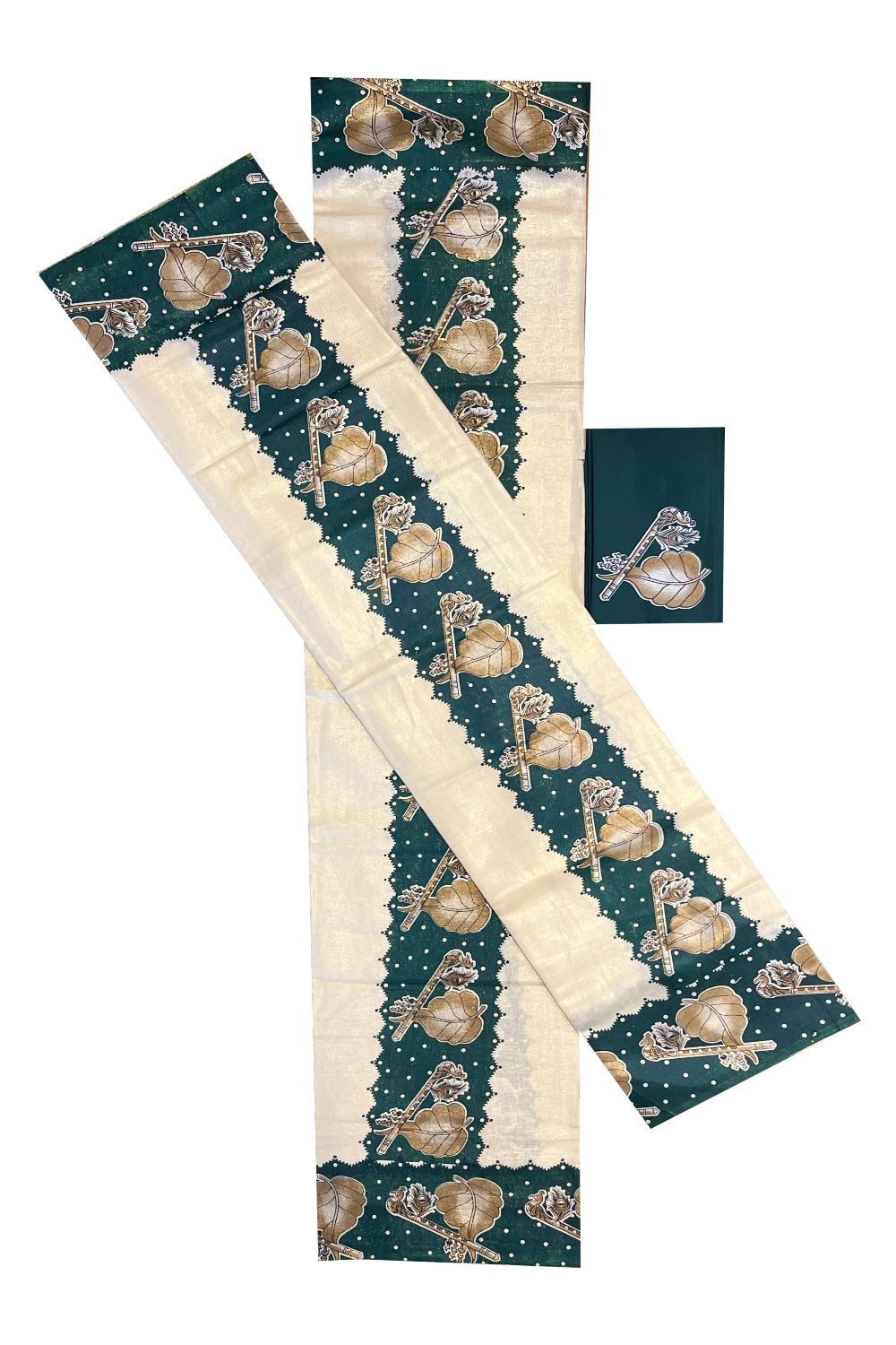 Kerala Tissue Single Set Mundu (Mundum Neriyathum) with Mural Prints on Green Border And Matching Blouse Piece (2.80 Mtrs)