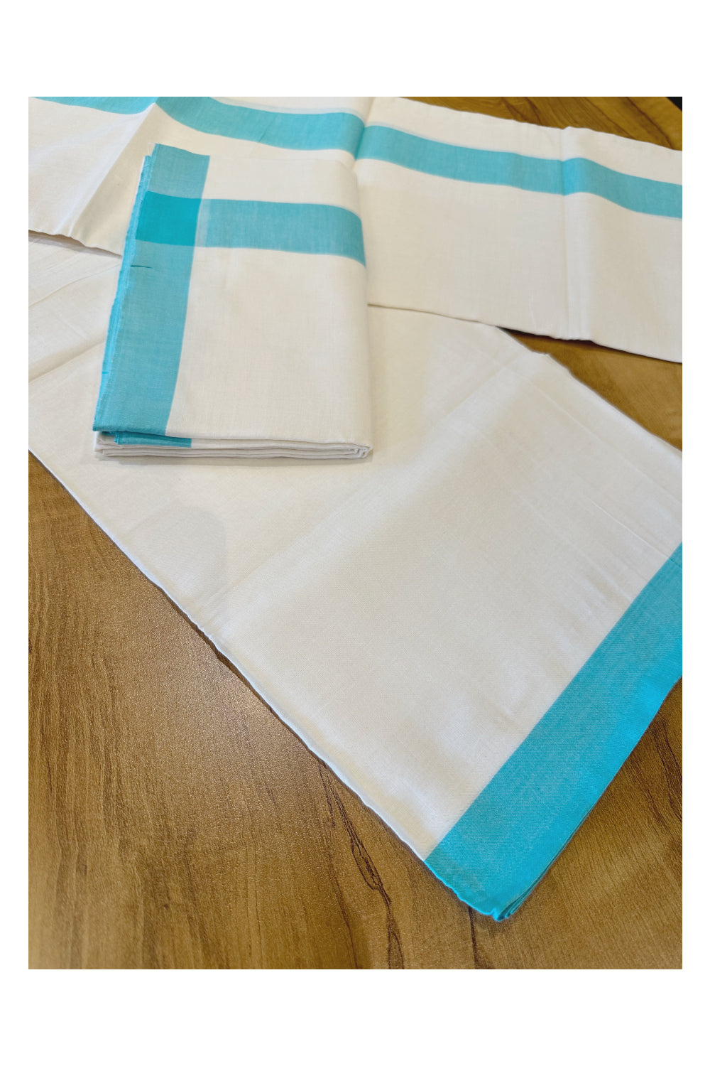 Kerala Soft Cotton Mulloth Mundum Neriyathum Single (Set Mundu) with Turquoise Border (Onam Set Mundu 2023)