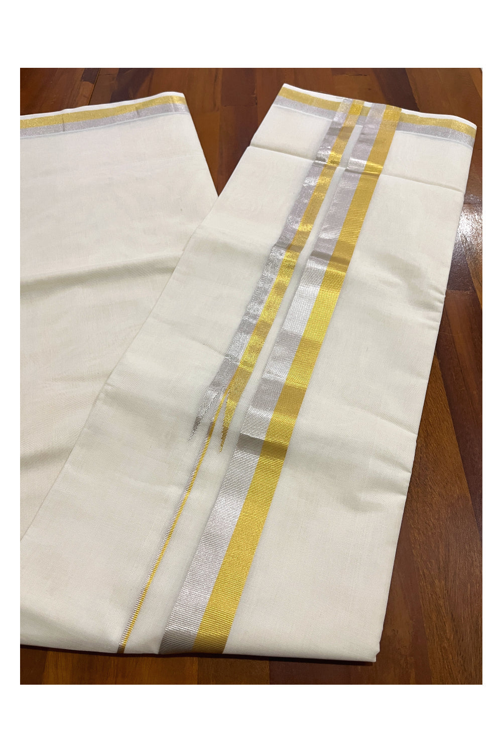 Southloom Premium Handloom Pure Cotton Mundu with Golden and Silver Kasavu Border (South Indian Kerala Dhoti)