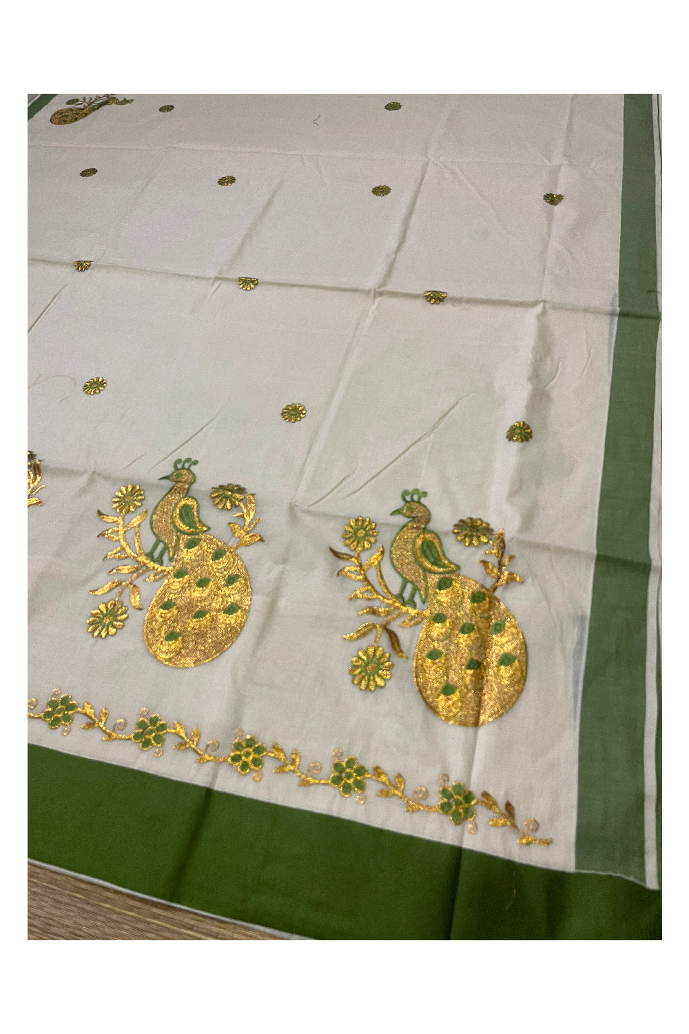 Pure Cotton Kerala Saree with Peacock Embroidery Work and Light Green Border (Onam Saree 2023)