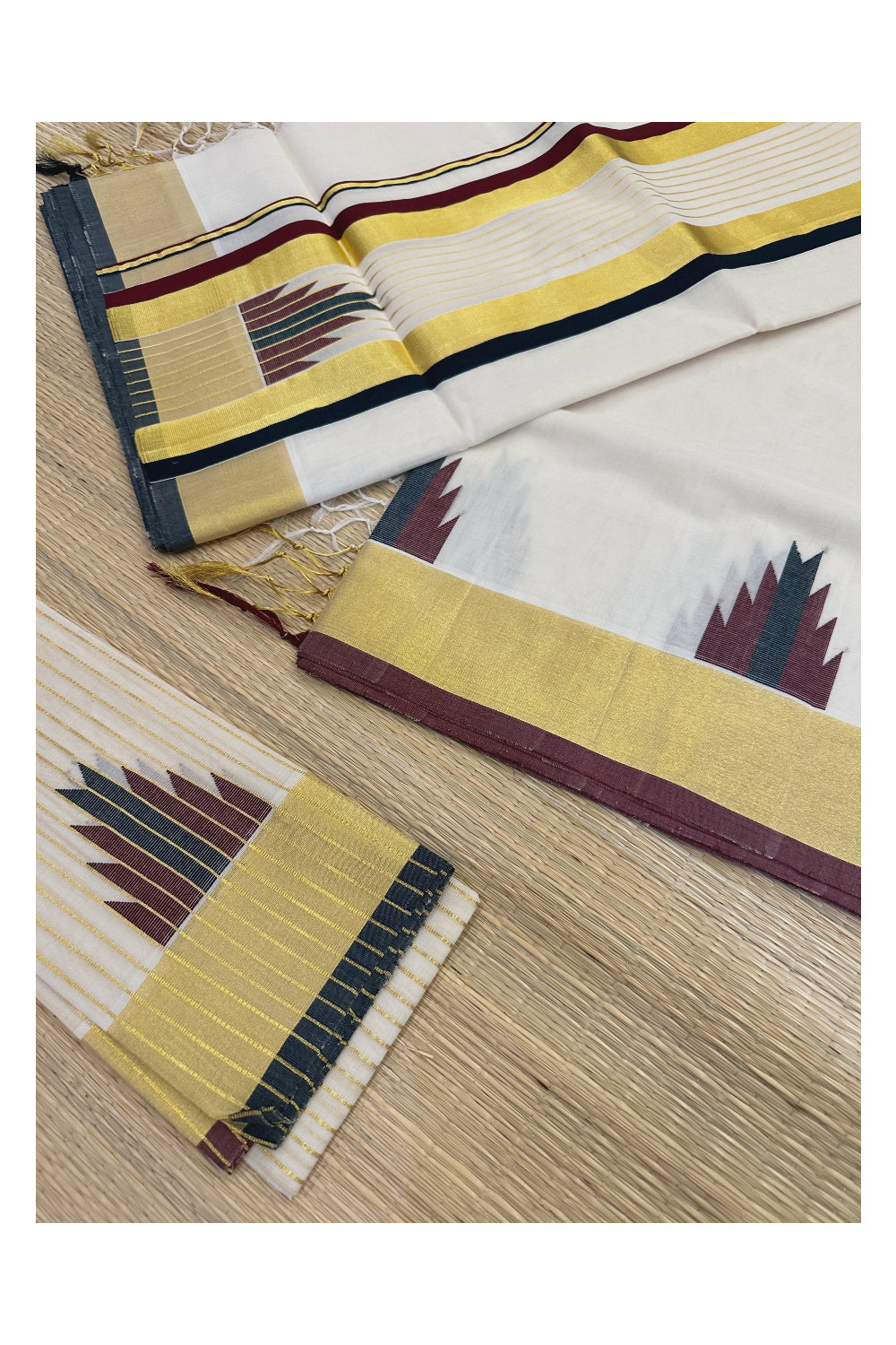 Southloom Premium Handloom Kasavu Saree with Woven Black and Maroon Temple Border (include Lines Kasavu Blouse Piece with Temple)