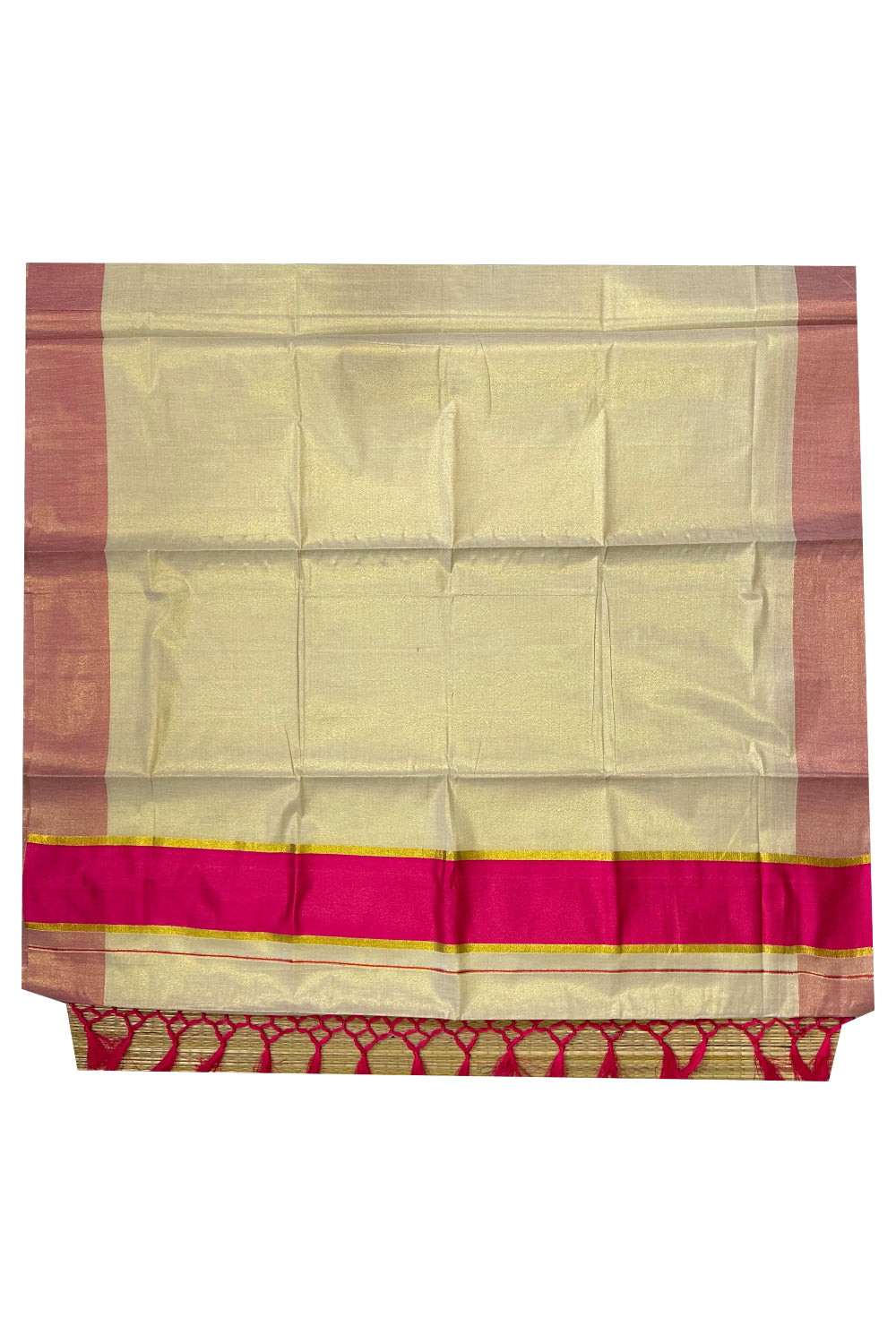 Kerala Kasavu Tissue Plain Saree with Magenta and Kasavu Border and Tassels Work on Pallu (Onam Saree 2023)