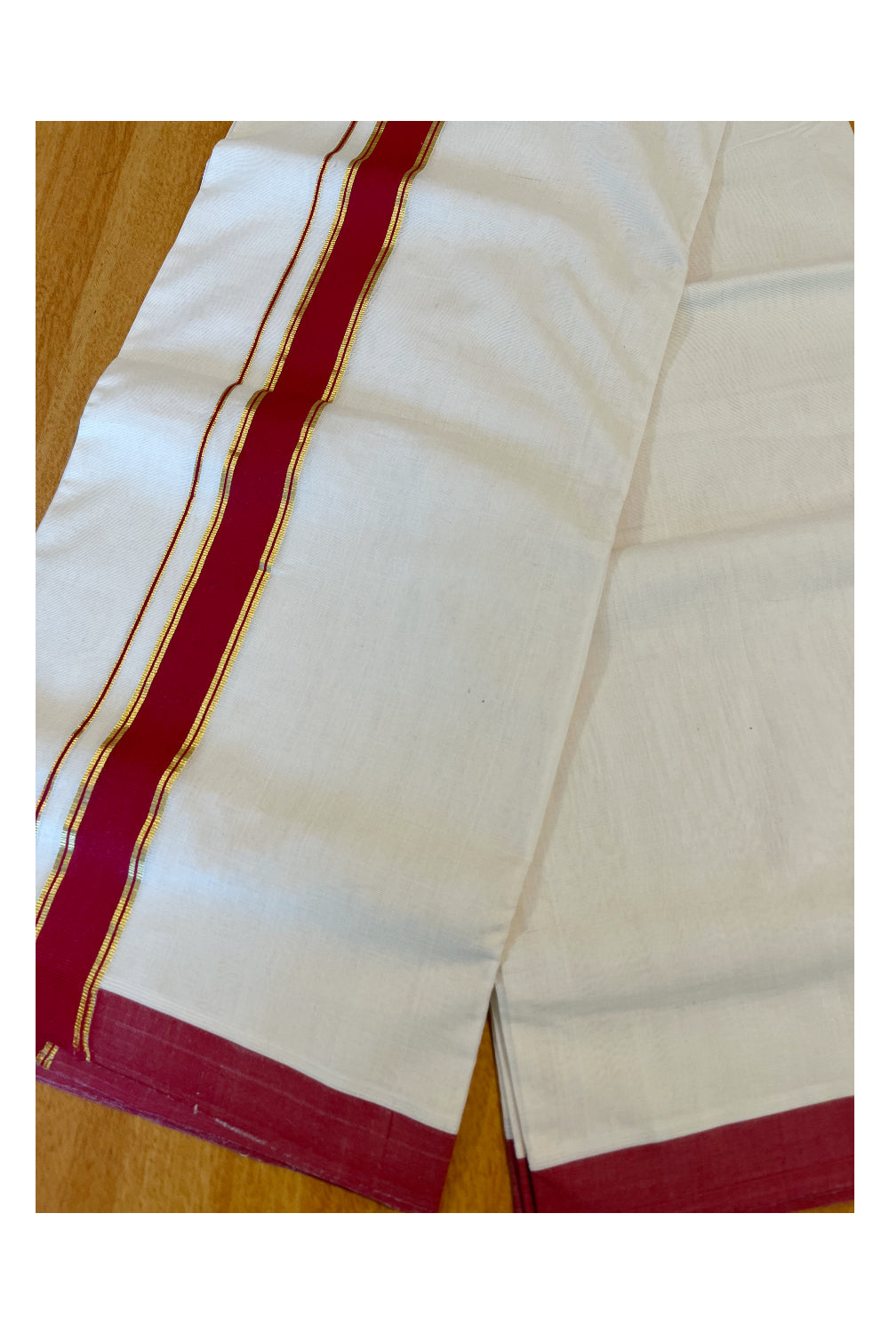 Southloom Premium Handloom Cotton Double Mundu with Kasavu And Red Border