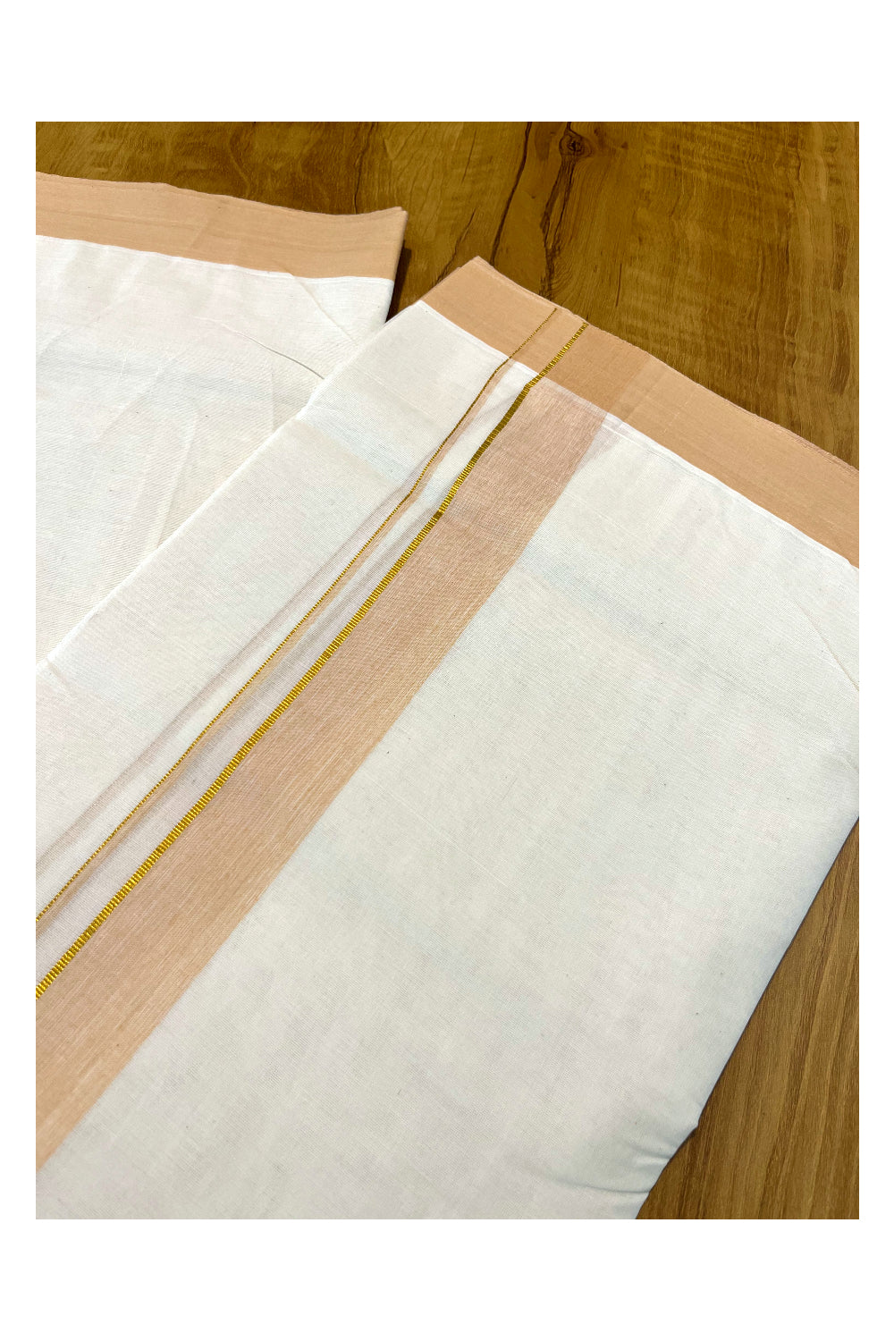 Pure Cotton Off White Double Mundu with  Kasavu and Sandal Kara (South Indian Kerala Dhoti)