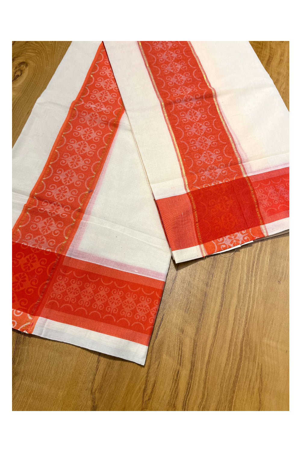 Kerala Cotton Single Set Mundu (Mundum Neriyathum) with Orange Block print Border 2.80Mtrs