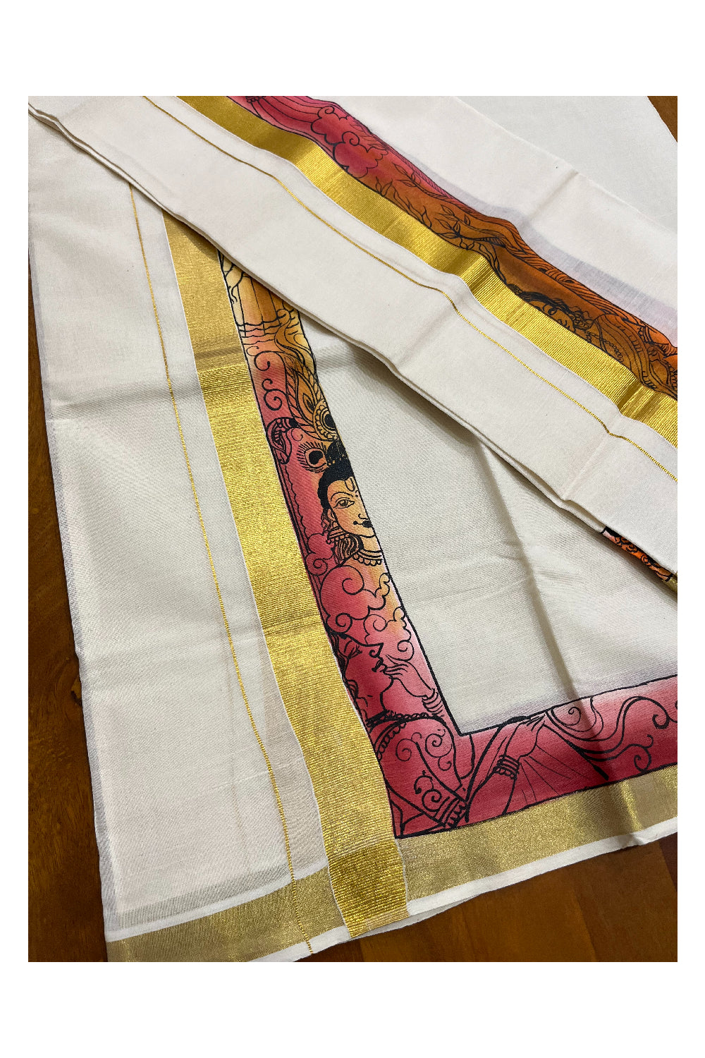 Southloom Handloom Premium Kerala Cotton Single Set Mundu (Mundum Neriyathum) with Hand Painted Designs with Kasavu Border - 2.80Mtrs