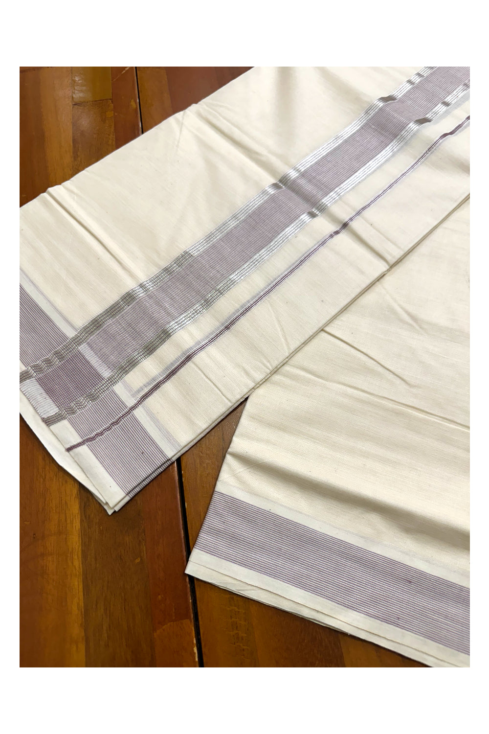 Pure Cotton Off White  Double Mundu with Silver Kasavu Lines And Violet Kara (South Indian Kerala Dhoti)