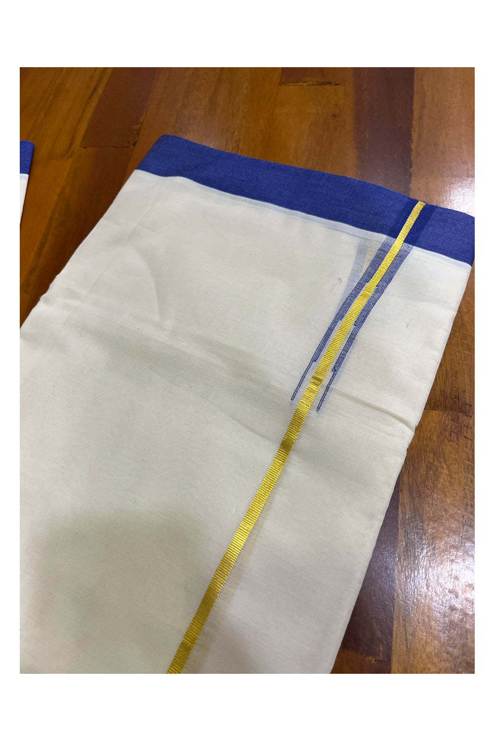 Kerala Pure Cotton Double Mundu with Kasavu Blue Chutti Kara (South Indian Kerala Dhoti)