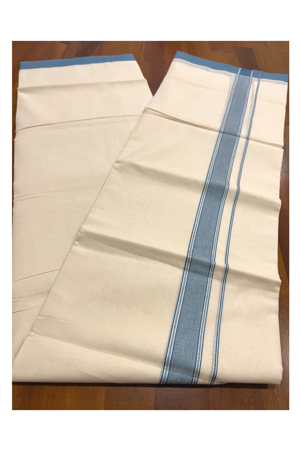 Pure Cotton Kerala Double Mundu with Blue Kara (South Indian Kerala Dhoti)