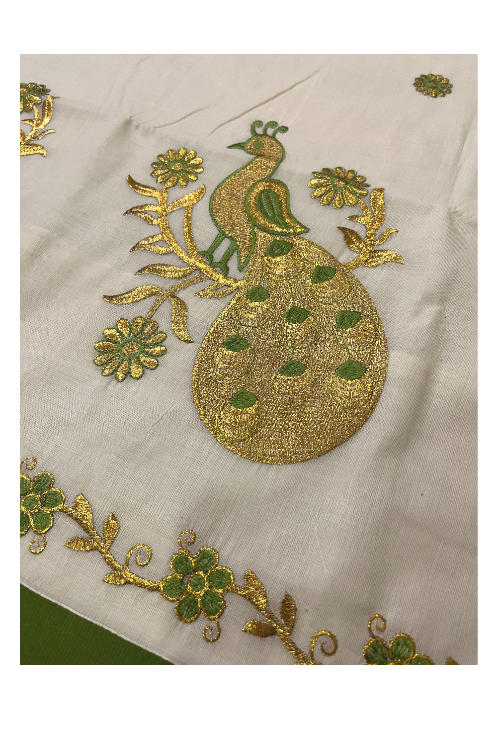 Pure Cotton Kerala Saree with Peacock Embroidery Work and Light Green Border (Onam Saree 2023)